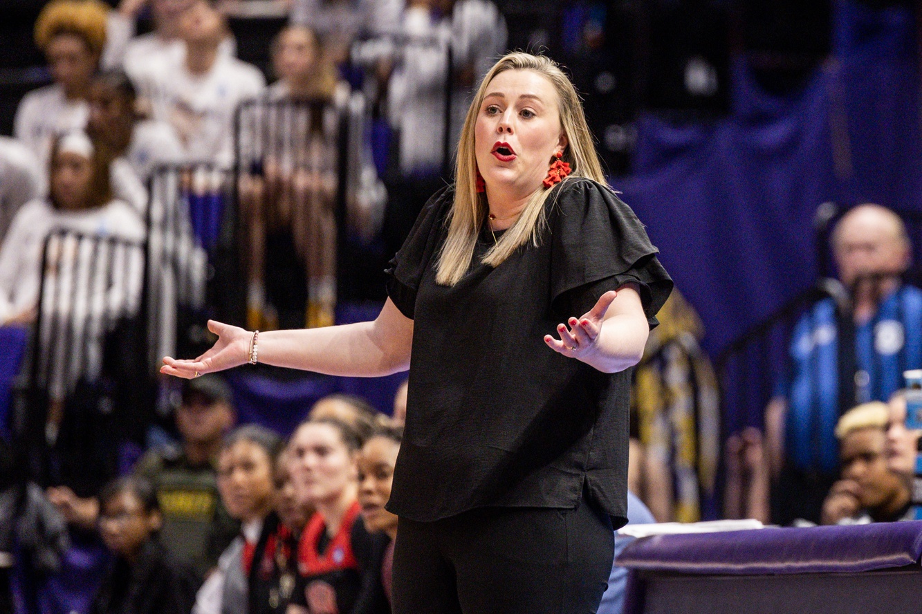 UNLV Lady Rebels head coach Lindy La Rocque reacts to a play during the 2023 NCAA Tournament game against Michigan in Baton Rouge.