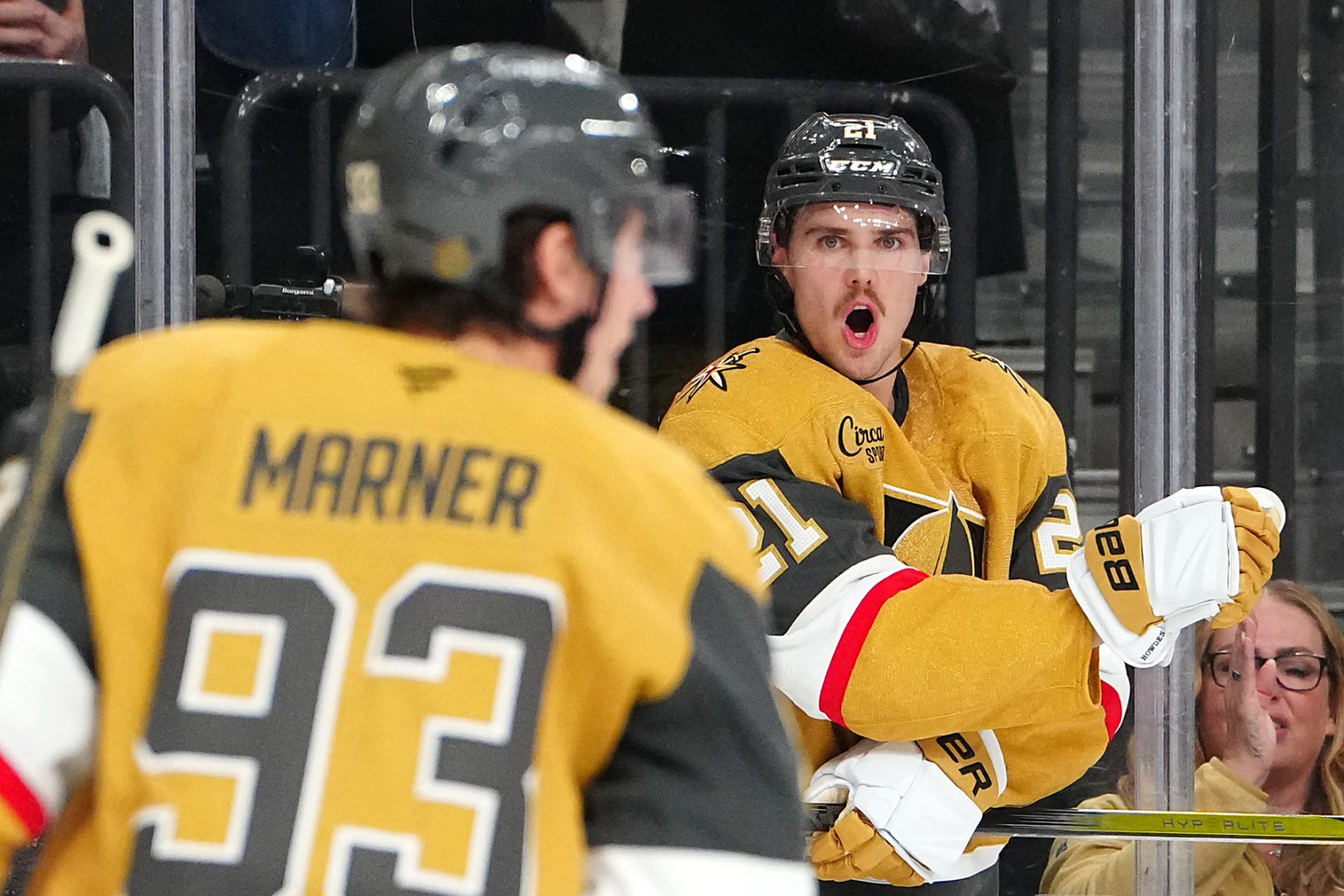 Brett Howden celebrates after scoring in the first period against the Ottawa Senators at T-Mobile Arena on Nov. 26, 2025.