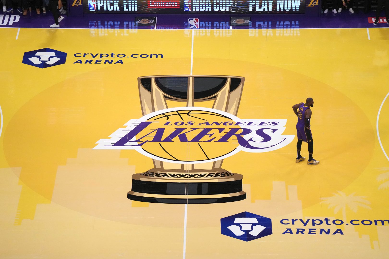 Los Angeles, California, USA; A general overall view as Los Angeles Lakers forward LeBron James (23) stands at midcourt in the first half of a NBA Cup game against the Oklahoma City Thunder at Crypto.com Arena.