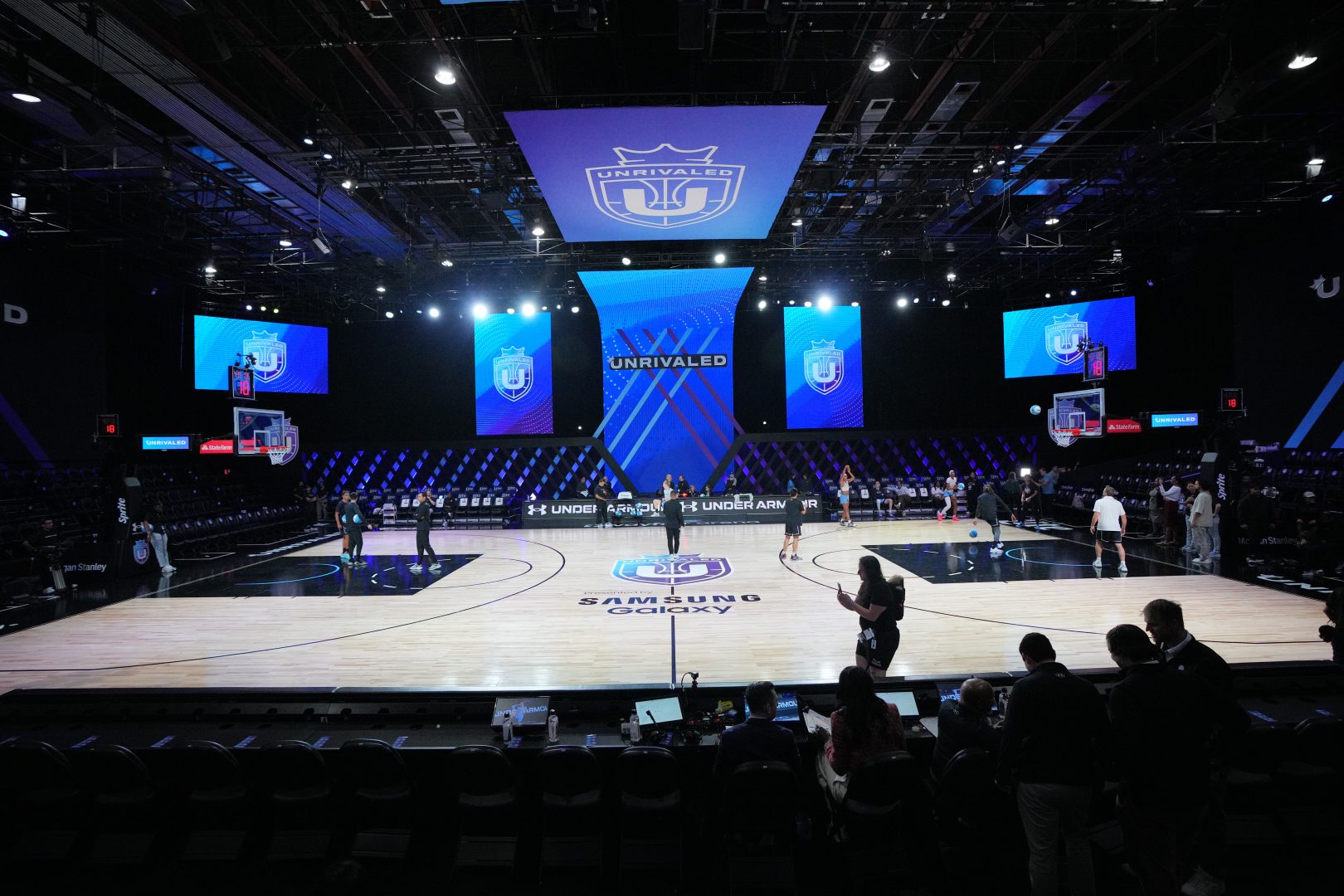 Miami, FL, USA; Players warm-up before the game between the Mist and the Lunar Owls of the Unrivaled women’s professional 3v3 basketball league at Wayfair Arena.