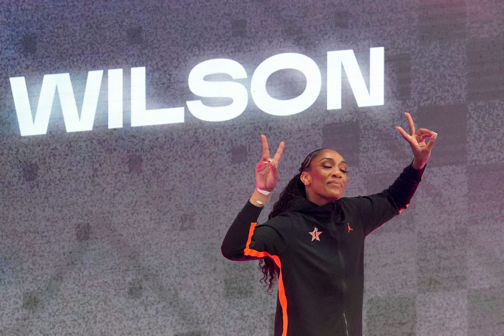 Las Vegas Aces' A’ja Wilson (22) is introduced Saturday, July 19, 2025, ahead of the WNBA All-Star Game at Gainbridge Fieldhouse in Indianapolis.