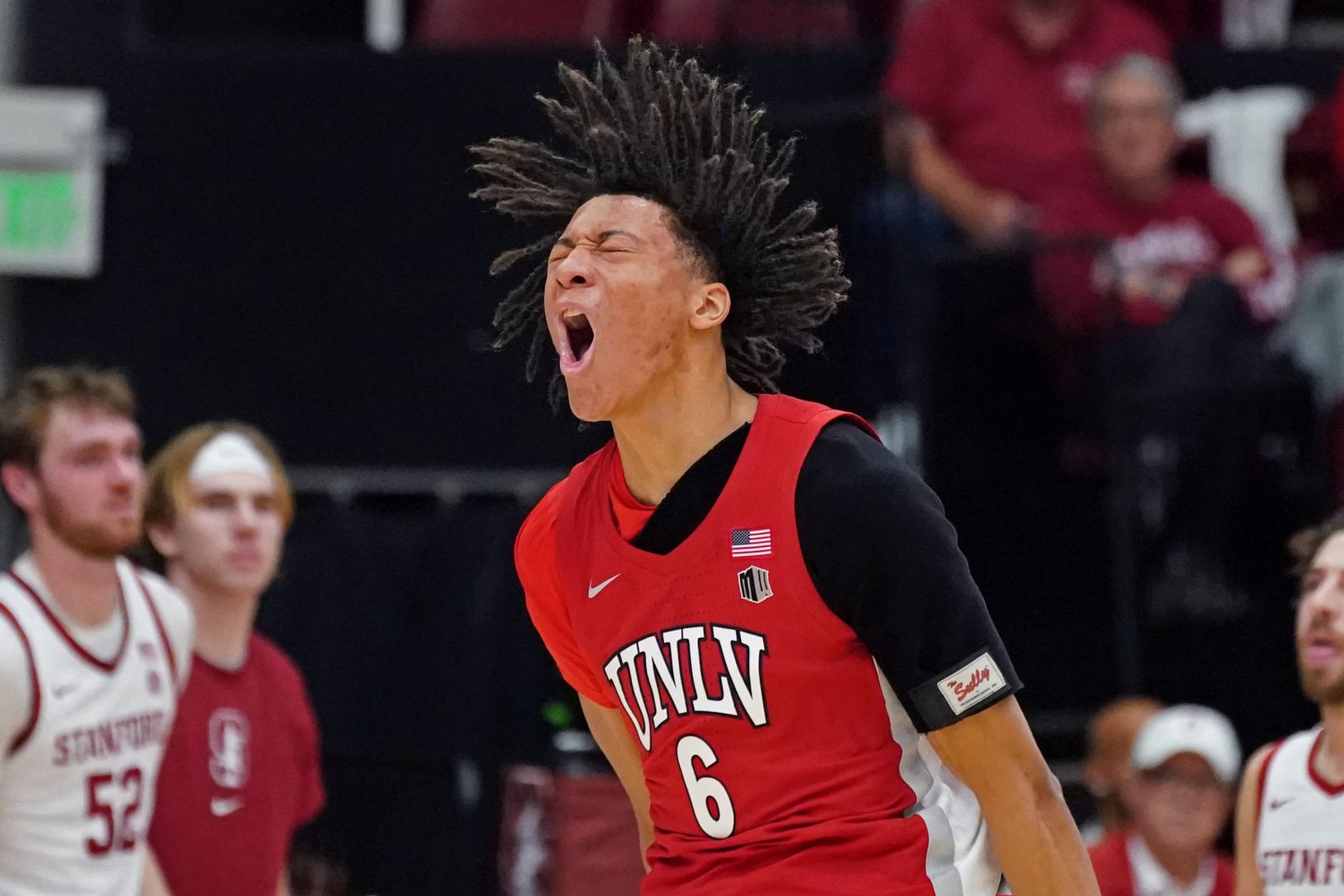 UNLV forward Tyrin Jones reacts emotionally after a play during a game against Stanford at Maples Pavilion.