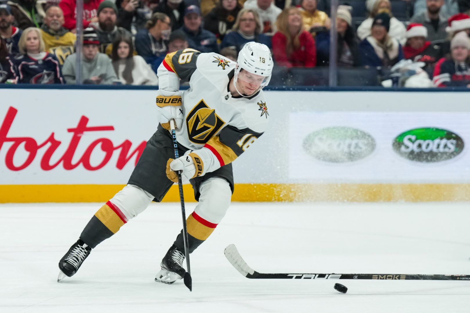 Pavel Dorofeyev skates with the puck for the Golden Knights against Columbus