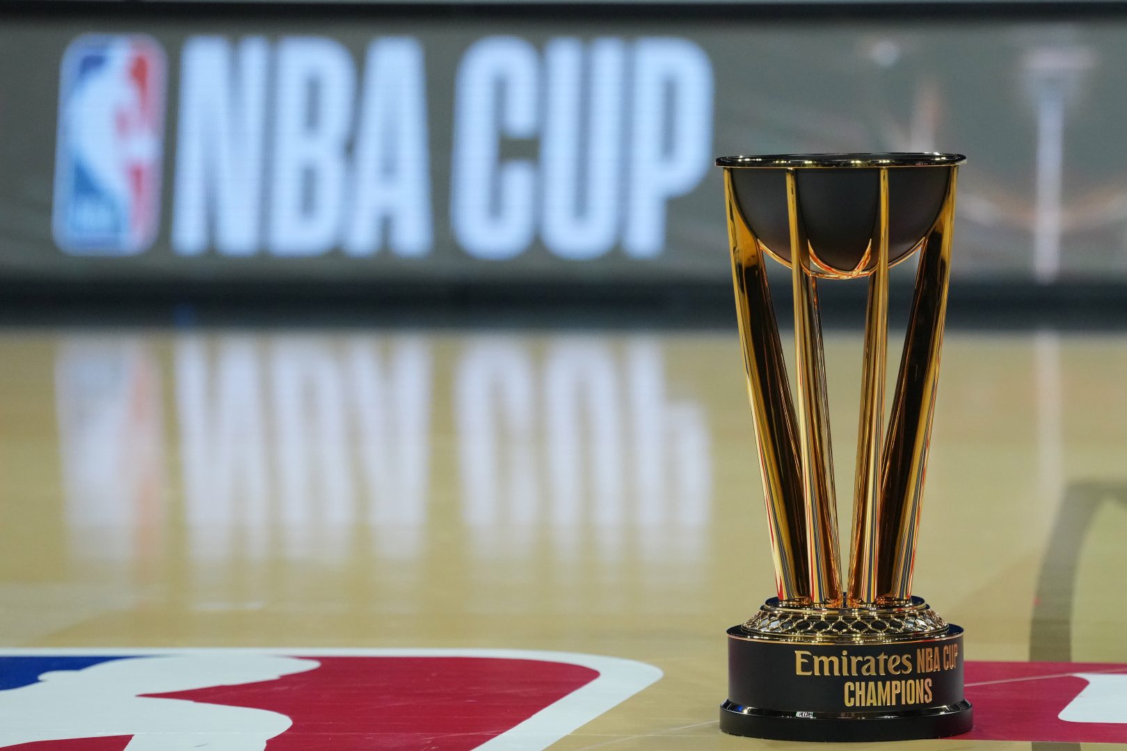 Emirates NBA Cup Trophy On NBA Center Court Logo in T-Mobile Arena, LAs Vegas