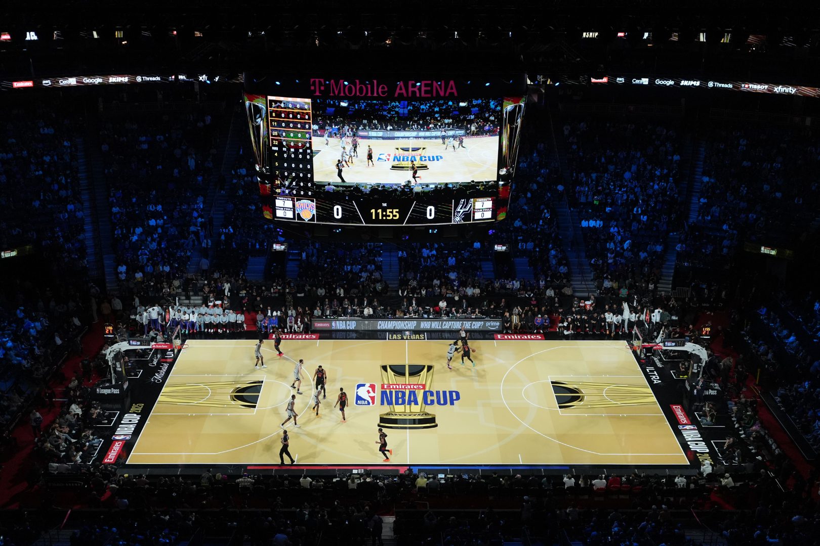 Dec 16, 2025; Las Vegas, Nevada, USA; An overall view of the court during the Emirates NBA Cup Final at T-Mobile Arena. Mandatory Credit: Kirby Lee-Imagn Images
