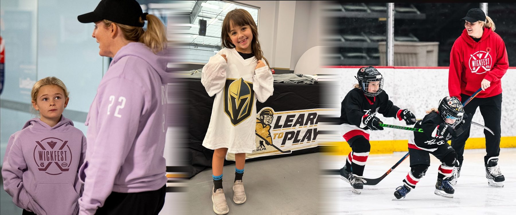 A composite banner featuring Hayley Wickenheiser interacting with young girls at Wickfest: on the left, Wickenheiser speaks with a young participant in matching purple hoodies; in the center, a girl smiles while holding a Vegas Golden Knights Learn to Play jersey; and on the right, Wickenheiser coaches two girls skating on the ice.