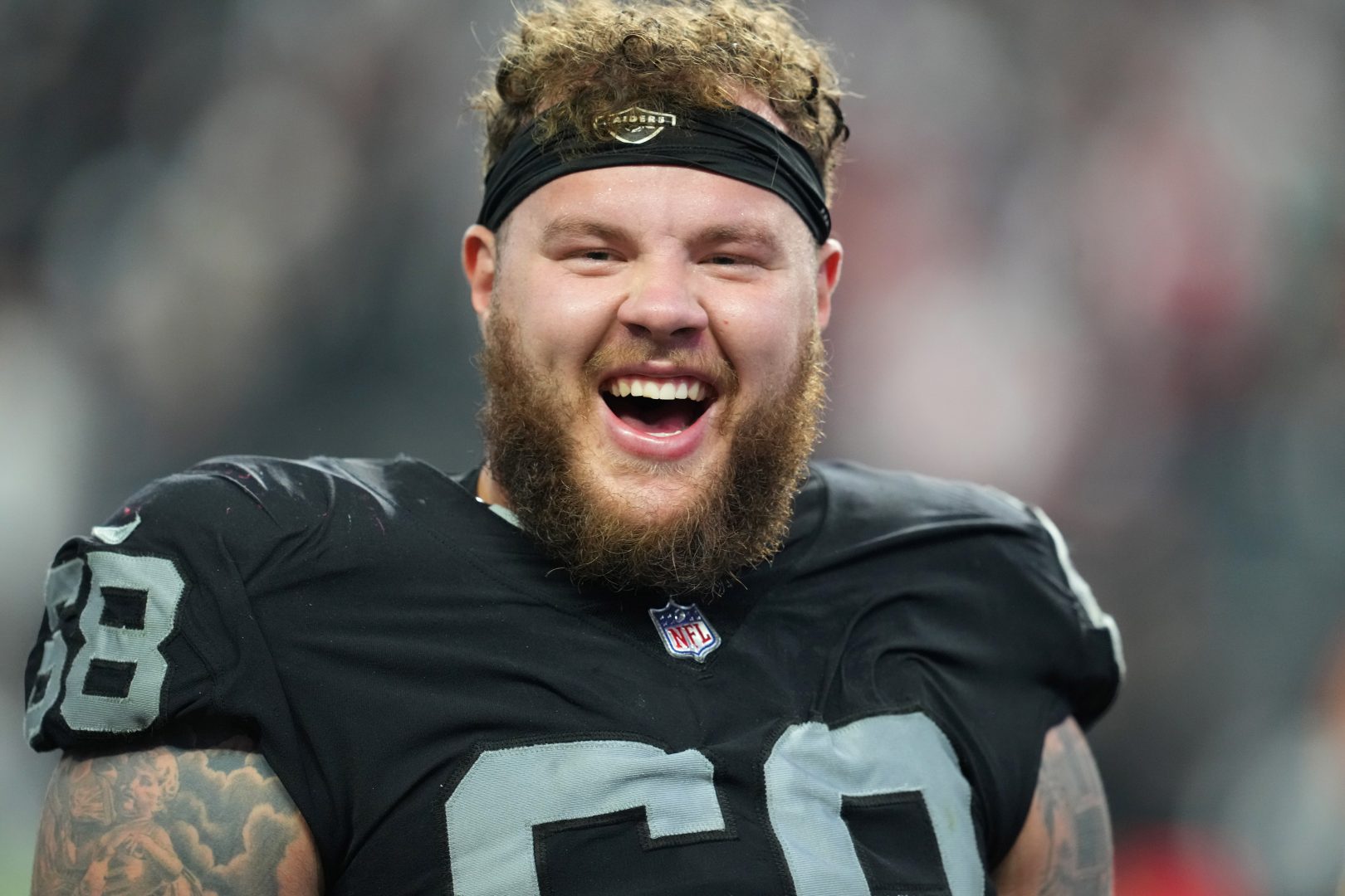 File photo: Las Vegas Raiders center Andre James (68) walks off the field at Allegiant Stadium after a win over the New England Patriots.