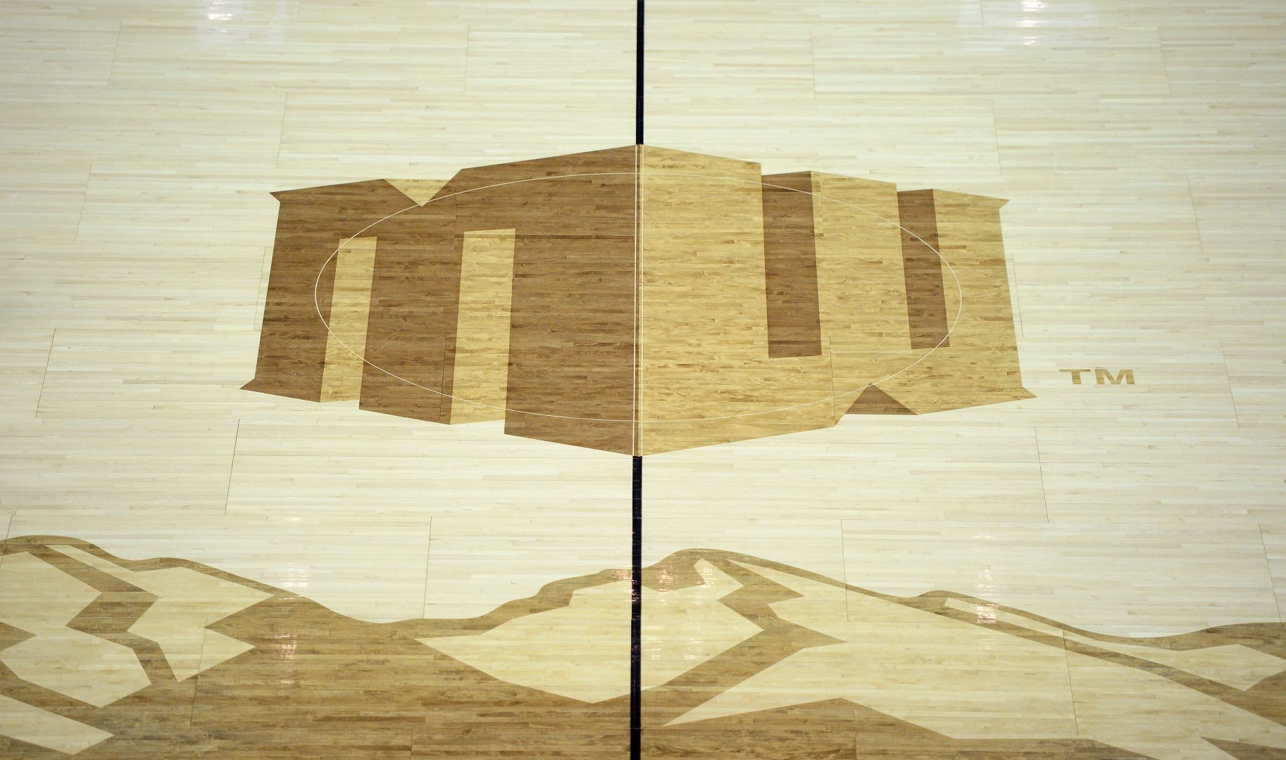 A detailed view of the midcourt logo during the first half of a Mountain West Conference tournament game between the UNLV Rebels and Boise State Broncos at Thomas Mack Center.