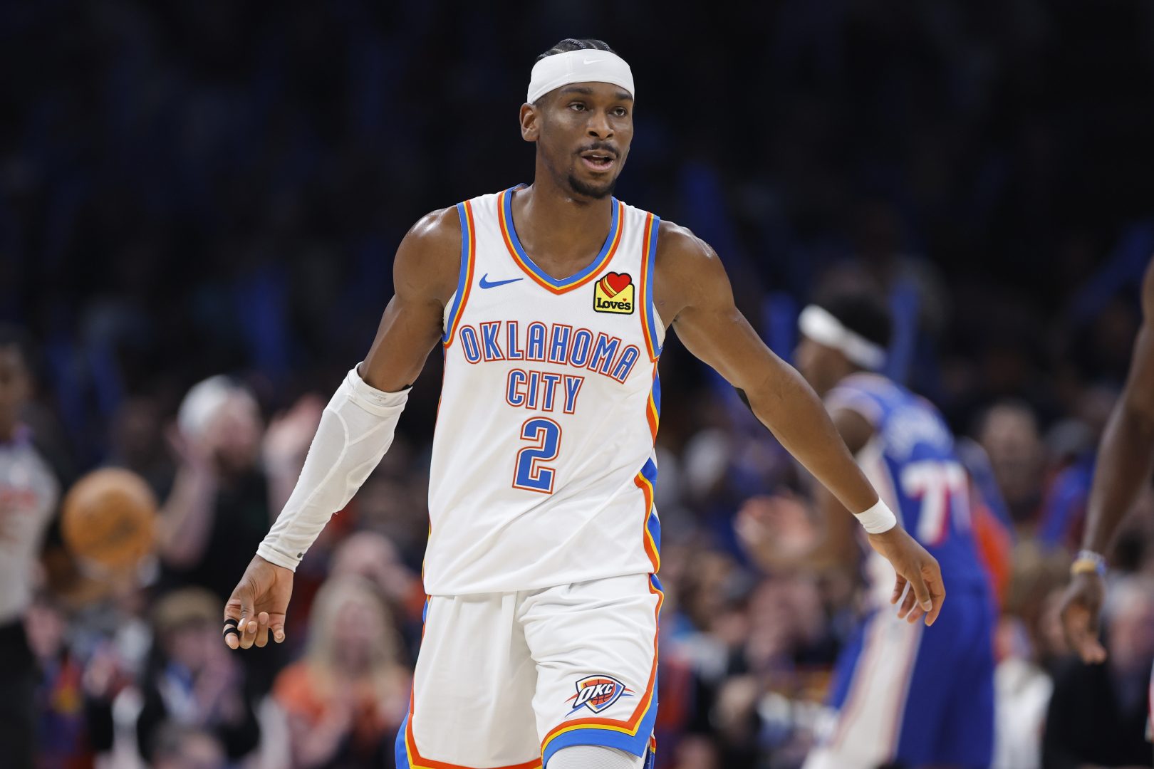 Oklahoma City Thunder guard Shai Gilgeous-Alexander during the second half against the Philadelphia 76ers at Paycom Center.
