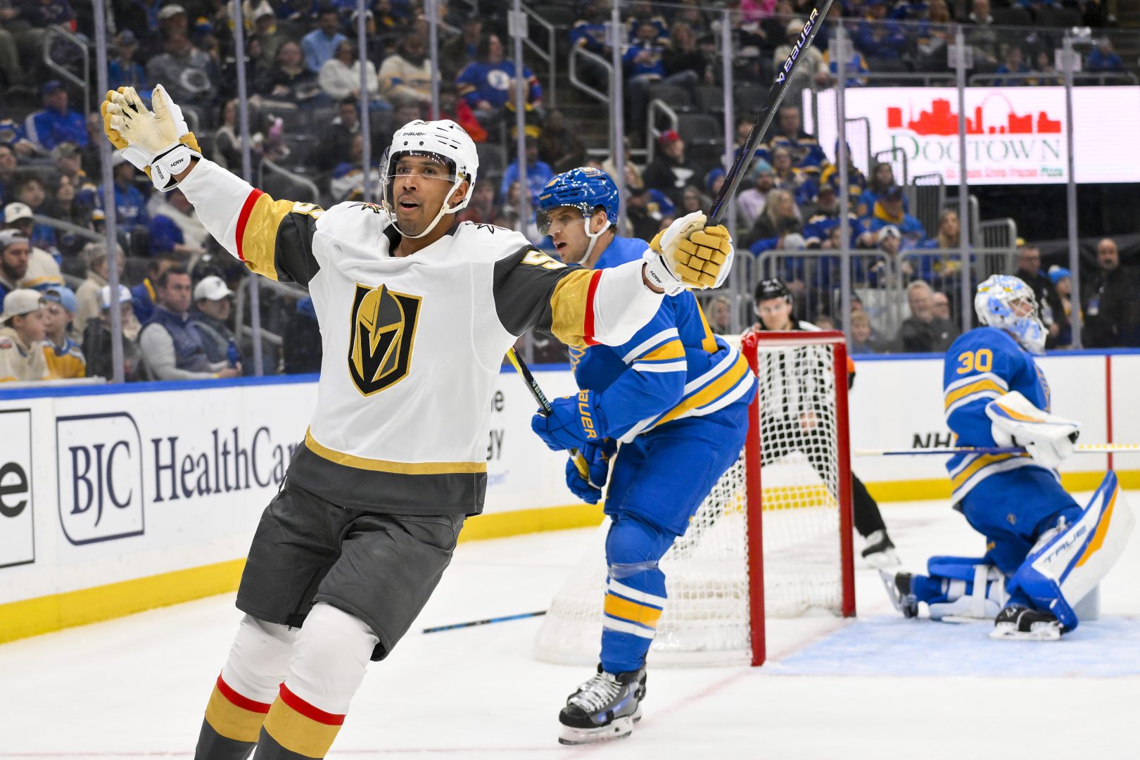 Vegas Golden Knights right wing Keegan Kolesar celebrates after scoring in the first period against the St. Louis Blues at Enterprise Center.