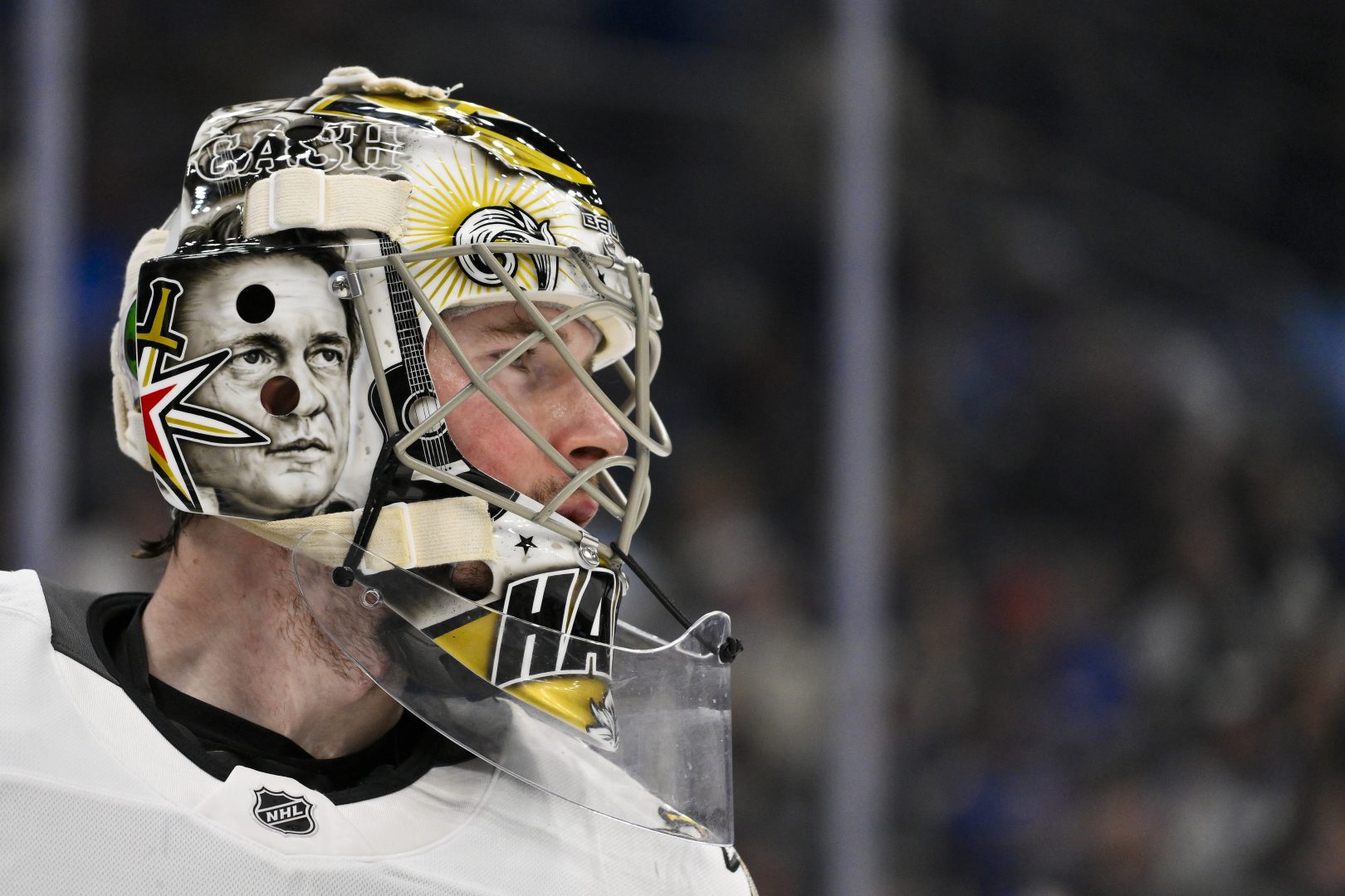 Vegas Golden Knights goaltender Carter Hart looks on during the second period against the St. Louis Blues at Enterprise Center