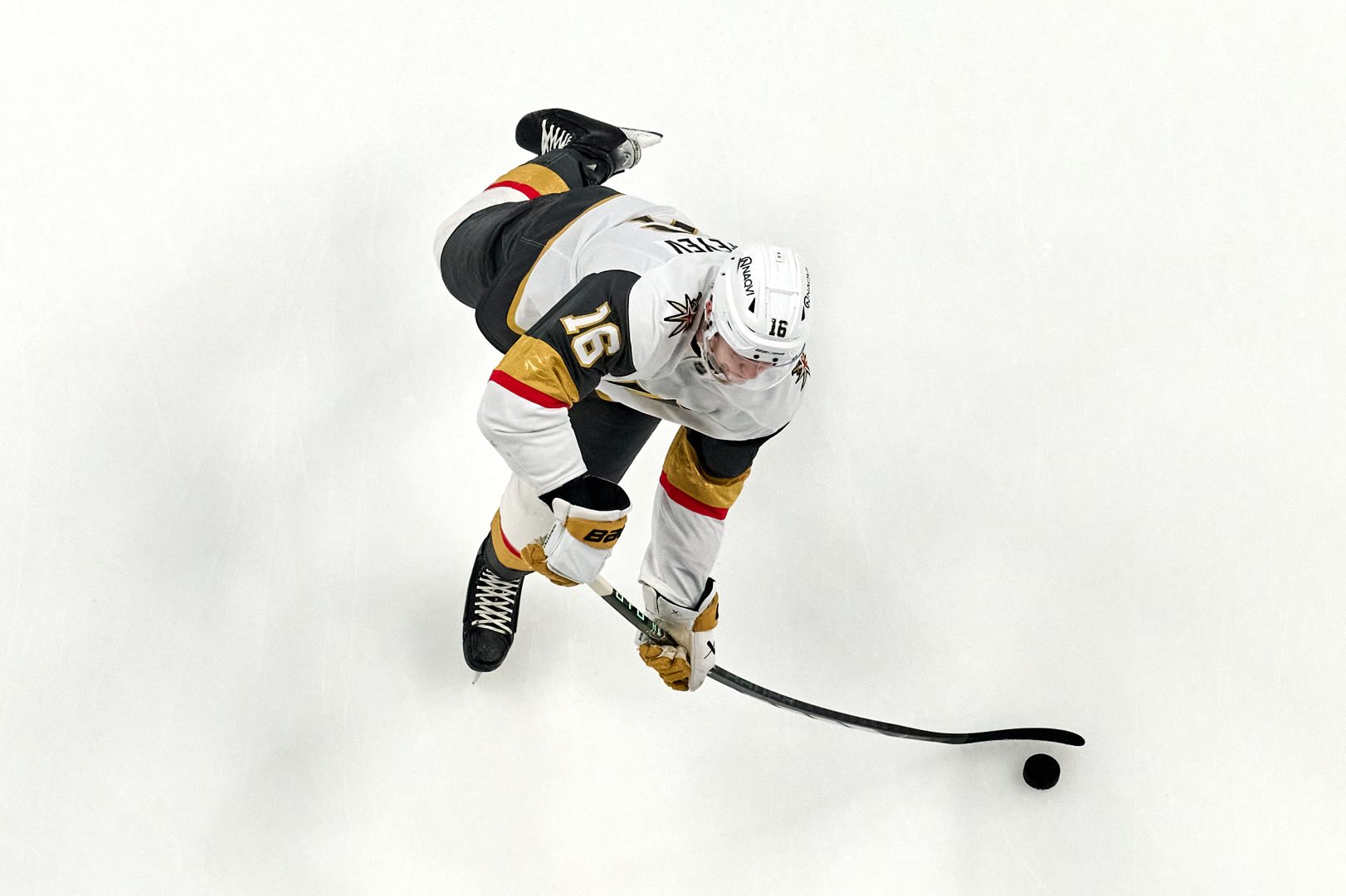 Vegas Golden Knights right wing Pavel Dorofeyev handles the puck during warmups at SAP Center in San Jose.