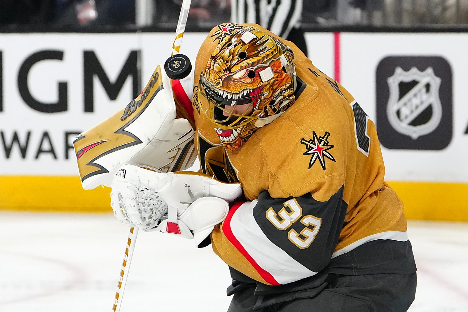 Vegas Golden Knights goalie Adin Hill makes a third-period save against the Toronto Maple Leafs at T-Mobile Arena in Las Vegas