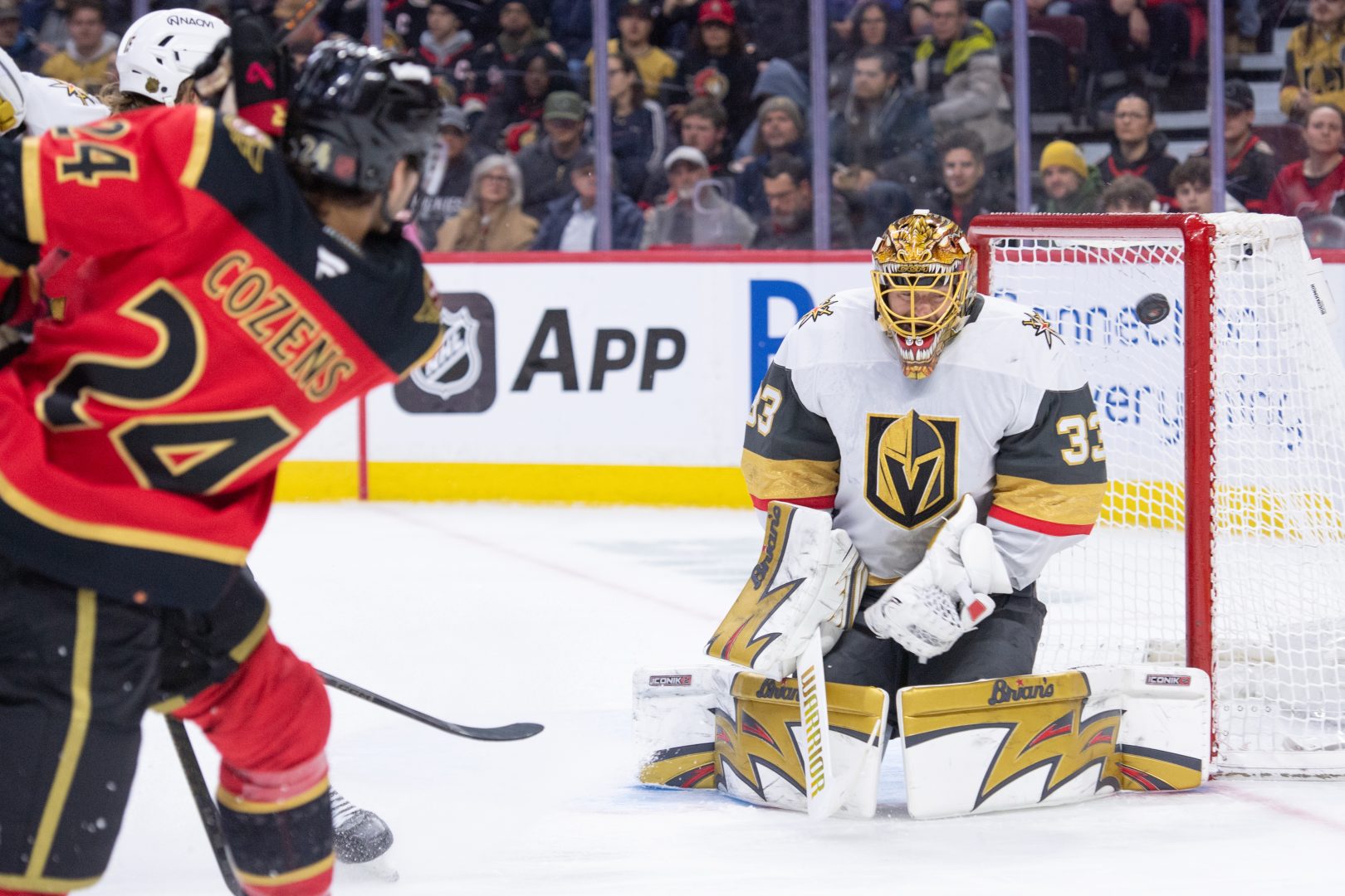 Vegas Golden Knights goalie Adin Hill reacts as a shot hits the post in the first period at Canadian Tire Centre.