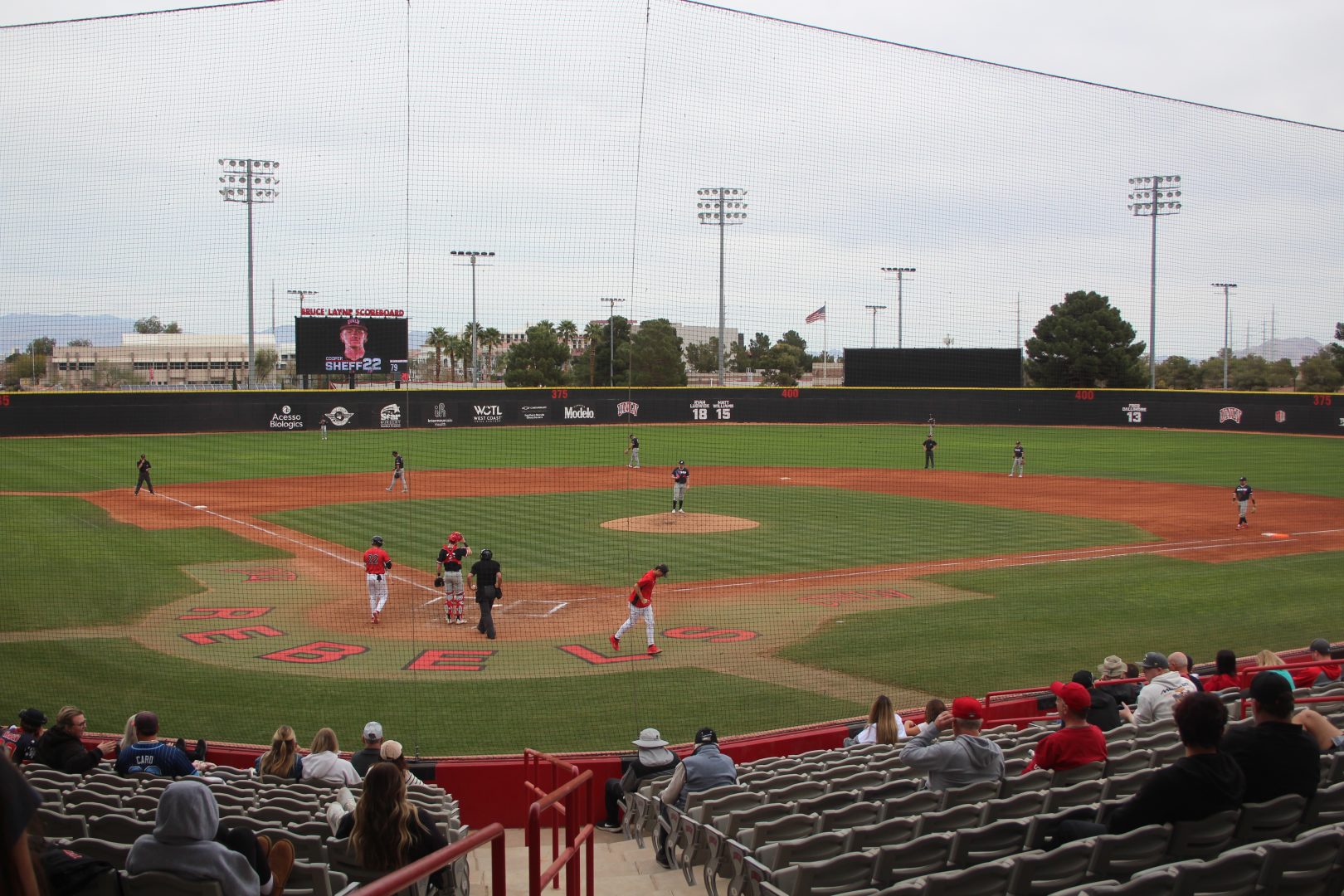 Wide shot of Earl E. Wilson Stadium during a UNLV baseball game in Las Vegas.