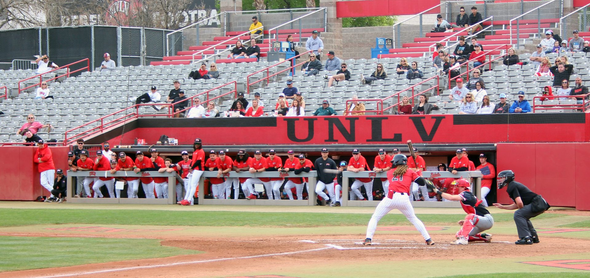 UNLV batter Nin Burns II stands in the box as a pitch approaches at Earl E. Wilson Stadium.