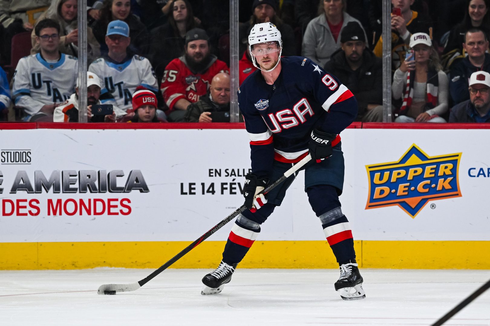 Jack Eichel of the Vegas Golden Knights skating for Team USA ahead of the 2026 Winter Olympics.
