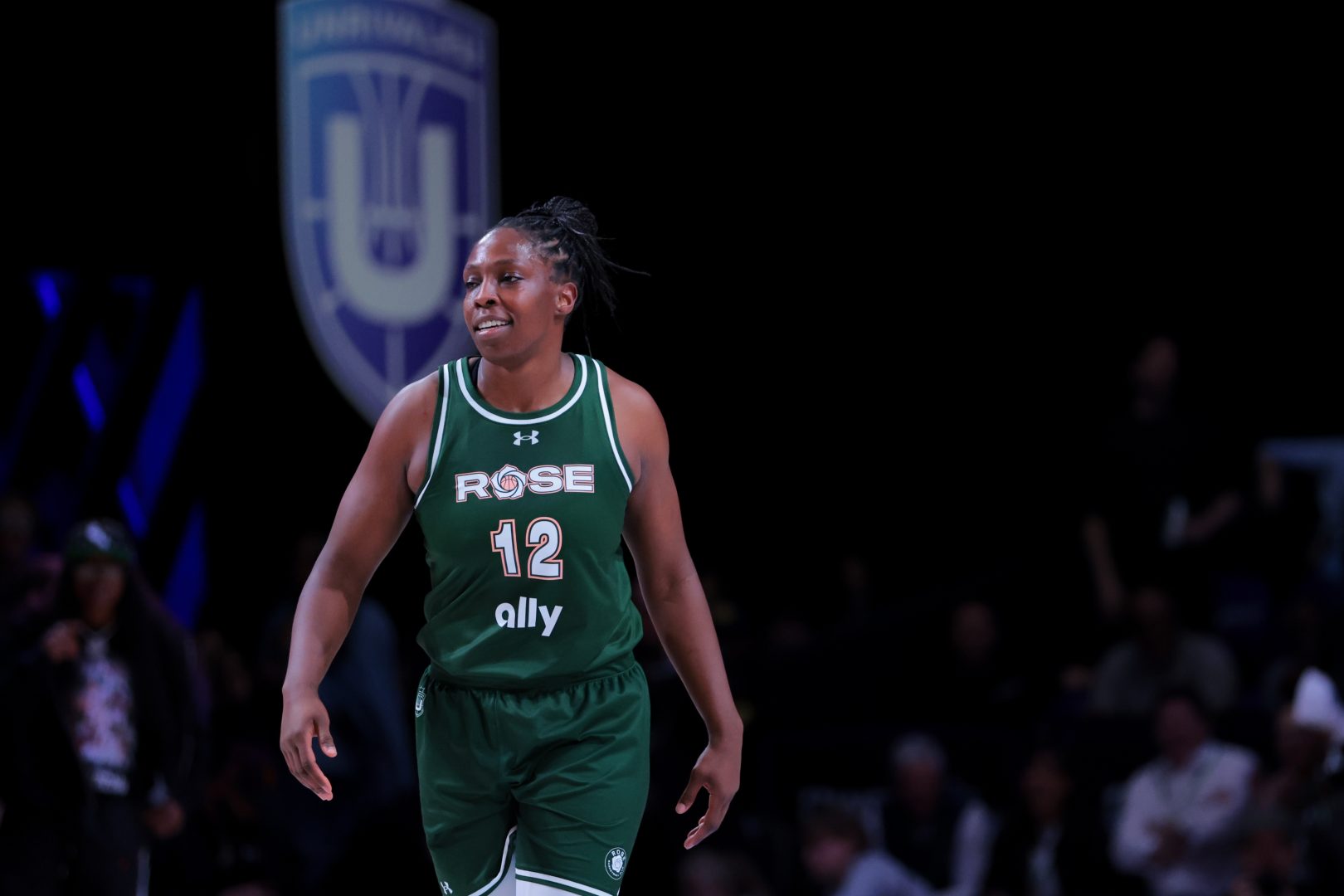 Rose BC guard Chelsea Gray (12) looks on after scoring against the Vinyl BC during the fourth quarter of the Unrivaled Championship game at Wayfair Arena.