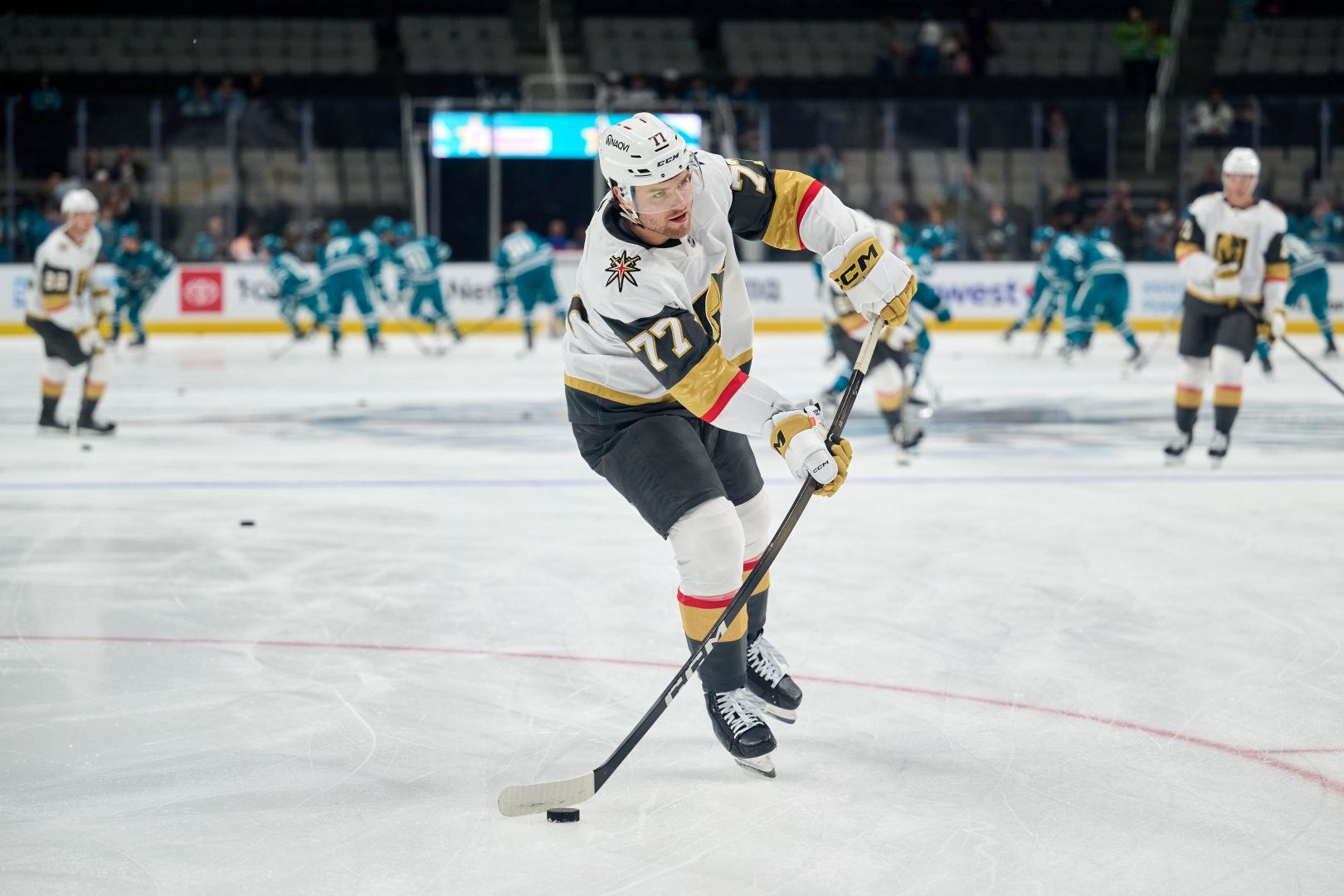 Vegas Golden Knights center Kai Uchacz (77) warms up during preseason at SAP Center in San Jose.