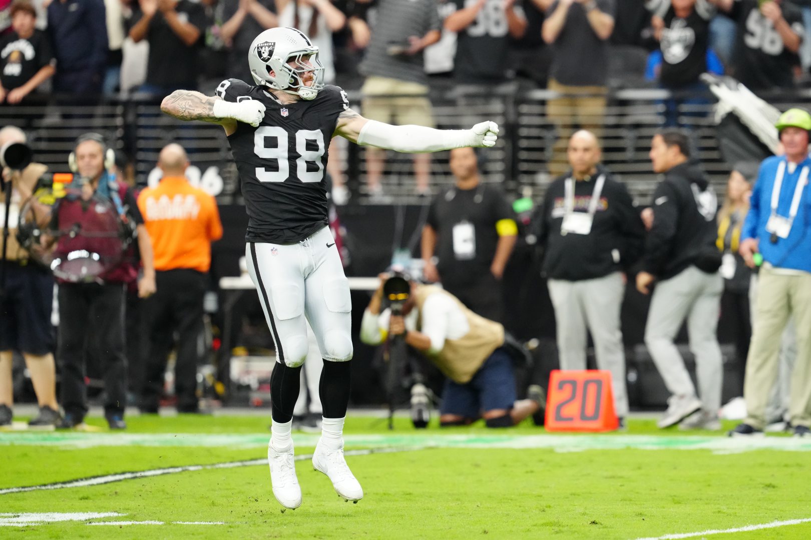 File photo: Las Vegas Raiders defensive end Maxx Crosby reacts after a play against the Tennessee Titans at Allegiant Stadium.