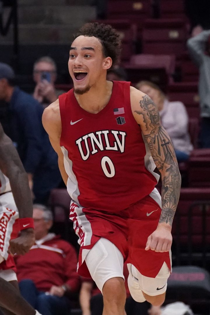 UNLV Runnin' Rebels guard Dra Gibbs-Lawhorn (0) celebrates after the buzzer sounds against the Stanford Cardinal at the end of the second half at Maples Pavilion.