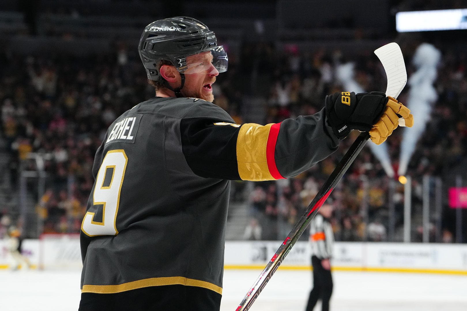 Jack Eichel celebrates after scoring for the Golden Knights against the Canucks at T-Mobile Arena on Feb. 4, 2026.