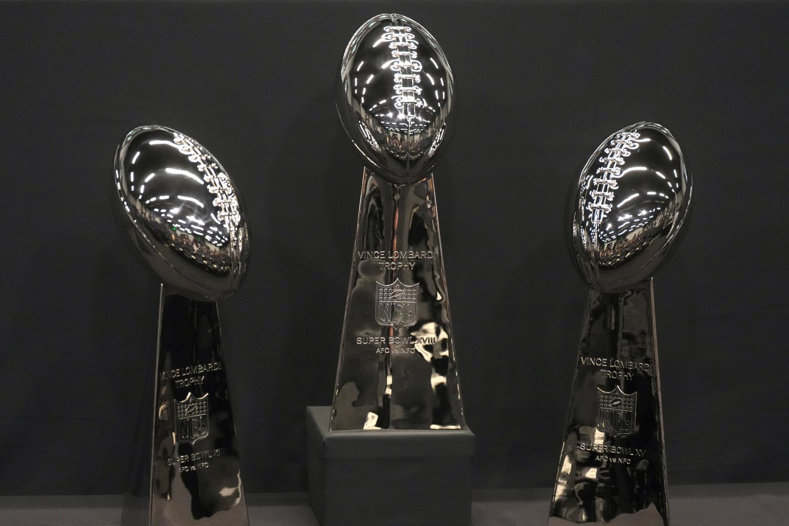 Vince Lombardi trophies displayed at the Raiders facility in Henderson during the 2026 offseason.