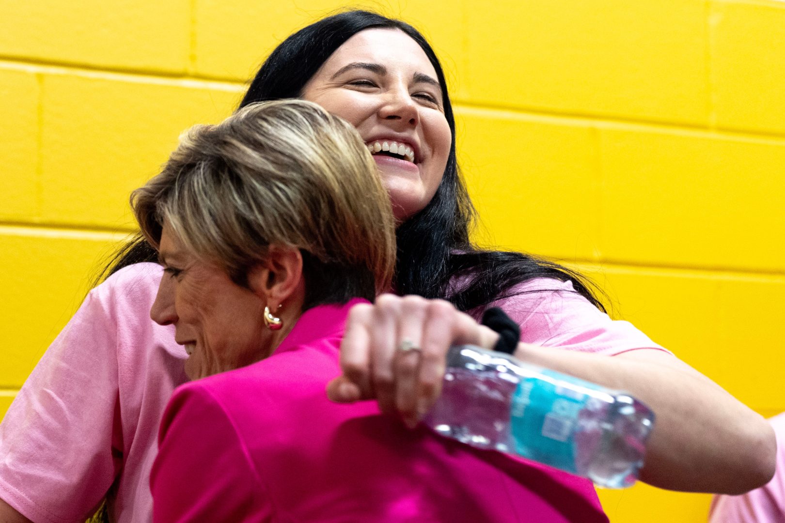 Iowa head coach Jan Jensen hugs former Hawkeye women’s basketball player Megan Gustafson after a basketball game against the Washington Huskies Feb. 11, 2026 at Carver-Hawkeye Arena in Iowa City, Iowa.