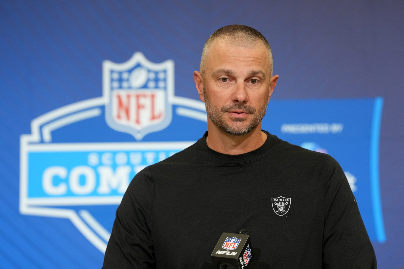 Las Vegas Raiders general manager John Spytek speaks at the NFL Scouting Combine in Indianapolis.