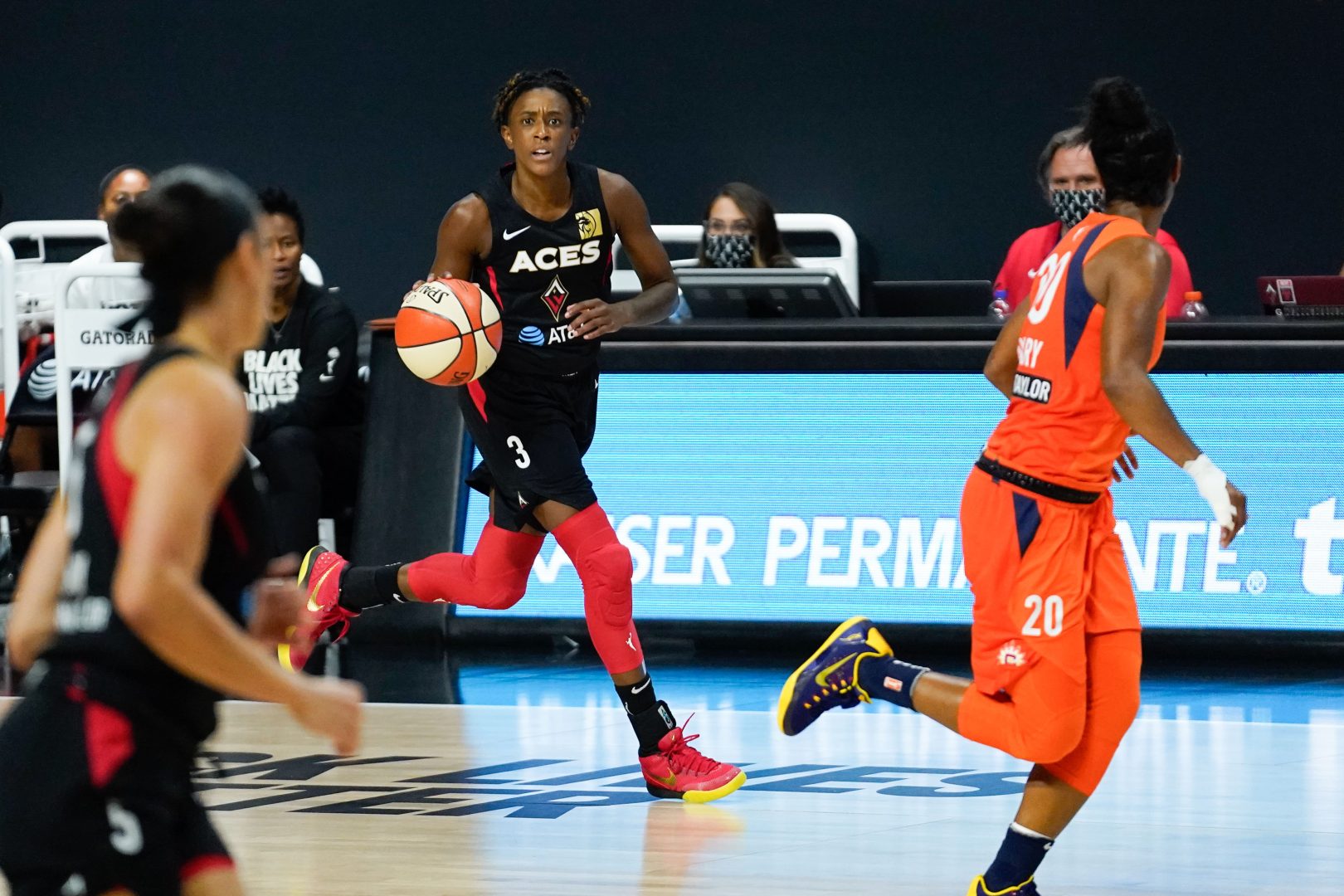 Danielle Robinson dribbles for the Las Vegas Aces during a 2020 game at IMG Academy in Bradenton, Fla.