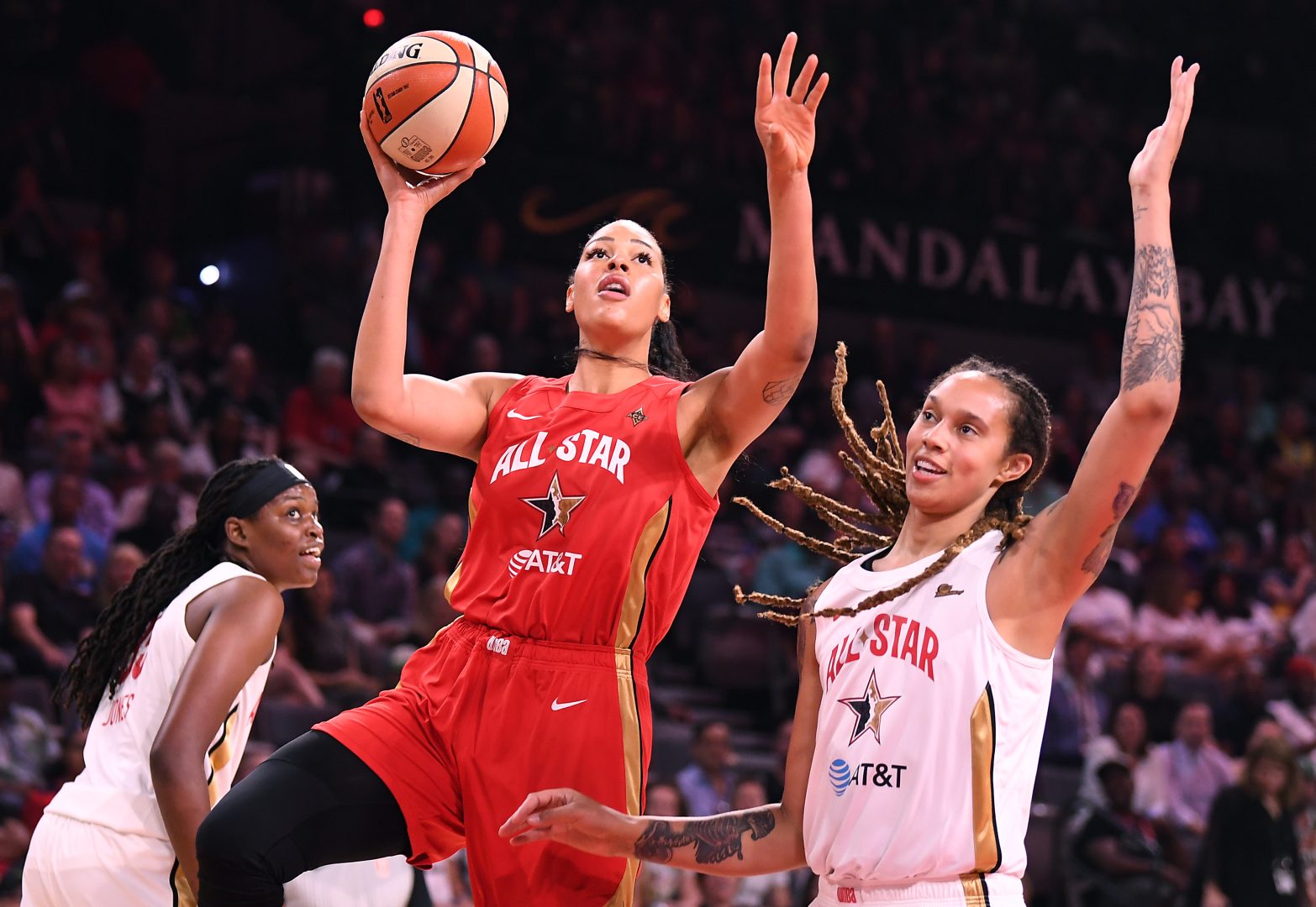 Liz Cambage of the Las Vegas Aces during the 2019 WNBA season, when she earned All-Star honors and All-WNBA second-team recognition.
