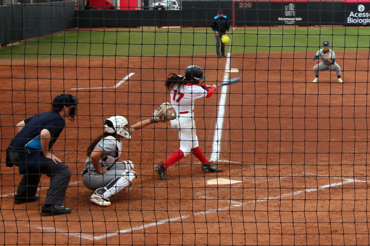 UNLV infielder Maggie Vasa (17) swings at a pitch during a college softball game at Eller Media Stadium in Las Vegas.