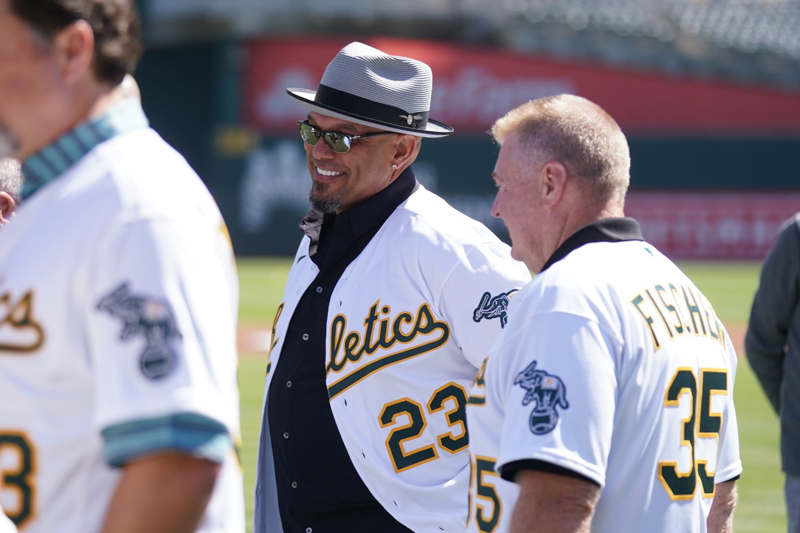 Athletics outfielder Dave Justice stands on the field before a 20th-anniversary celebration for the Athletics team that won 20 consecutive games in 2002 at RingCentral Coliseum.