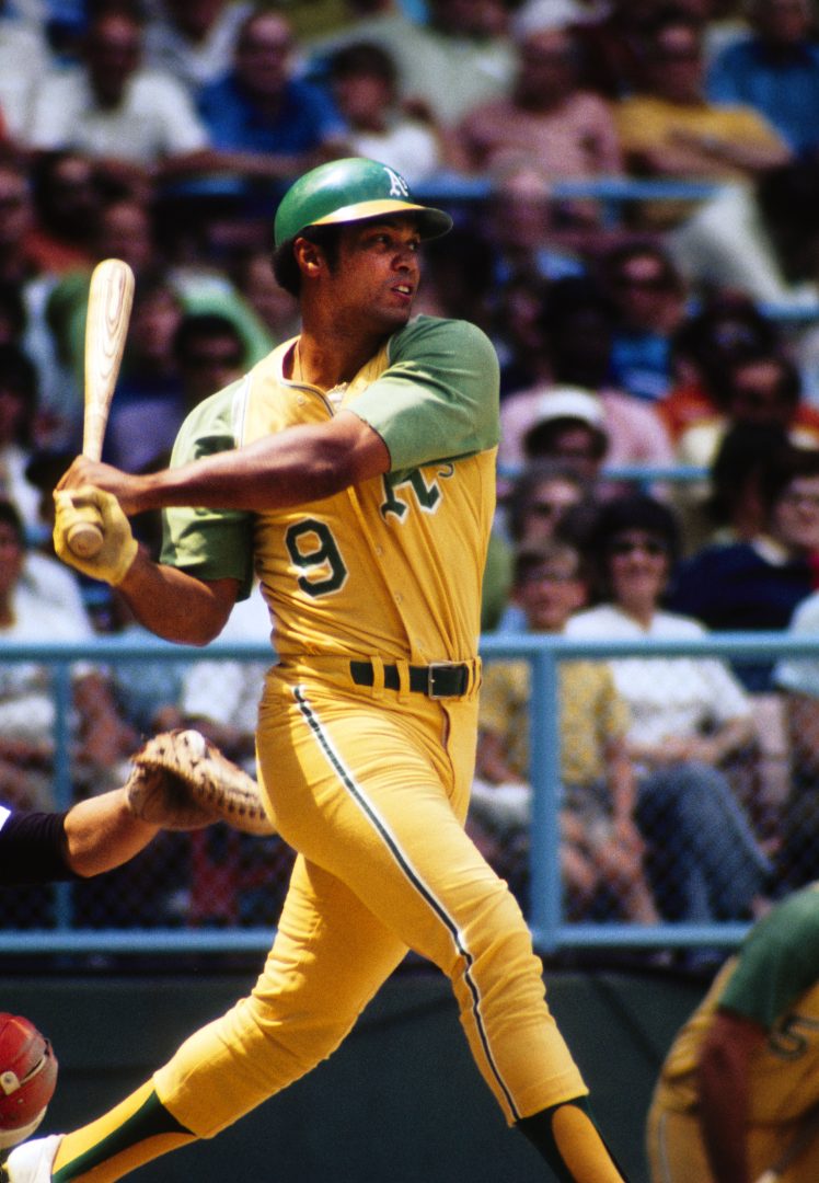 Athletics right fielder Reggie Jackson is in action against the Cleveland Indians at Cleveland Stadium in Cleveland.