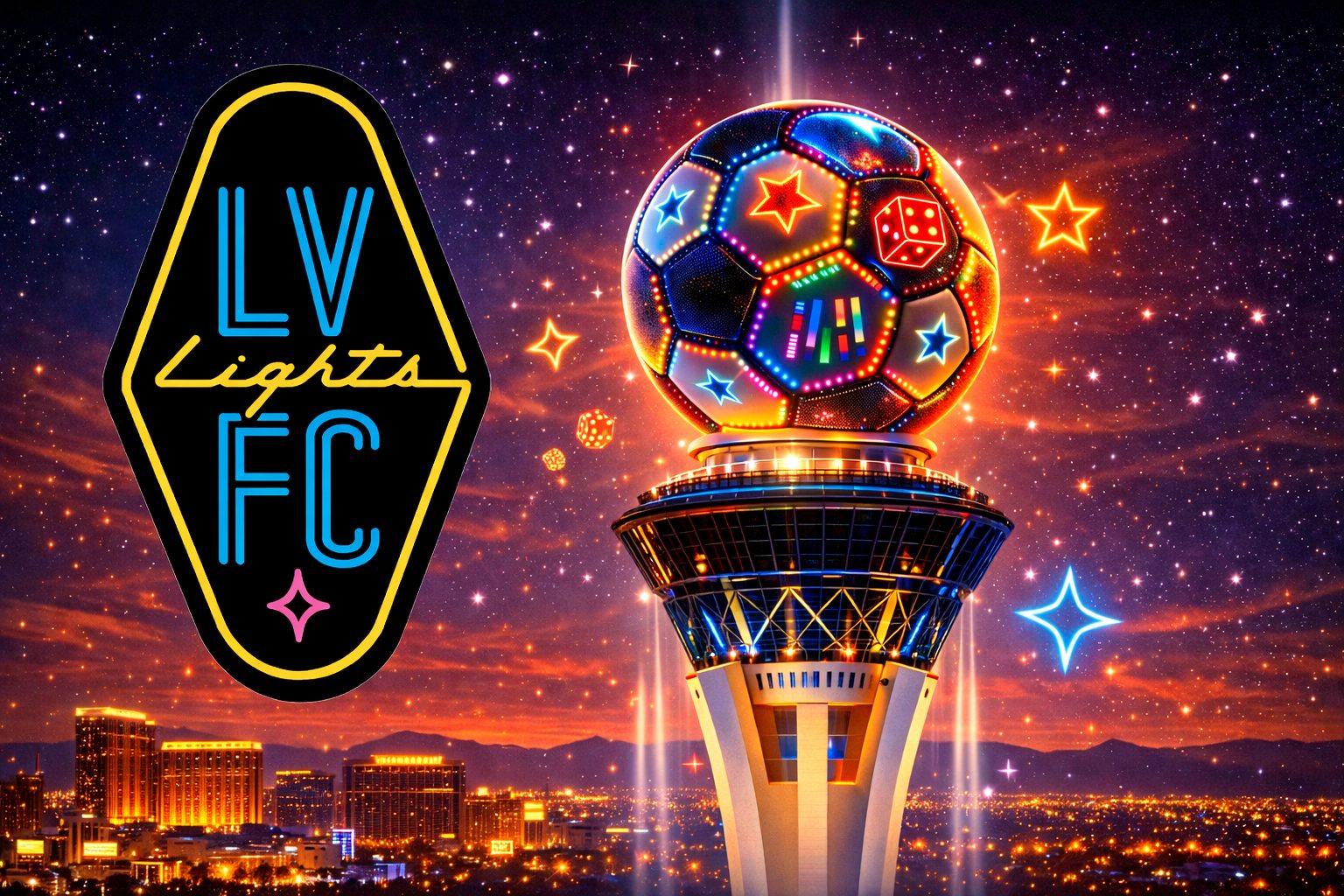 Las Vegas Lights FC neon crest next to a glowing LED soccer ball perched atop the Strat tower against the Las Vegas night skyline.