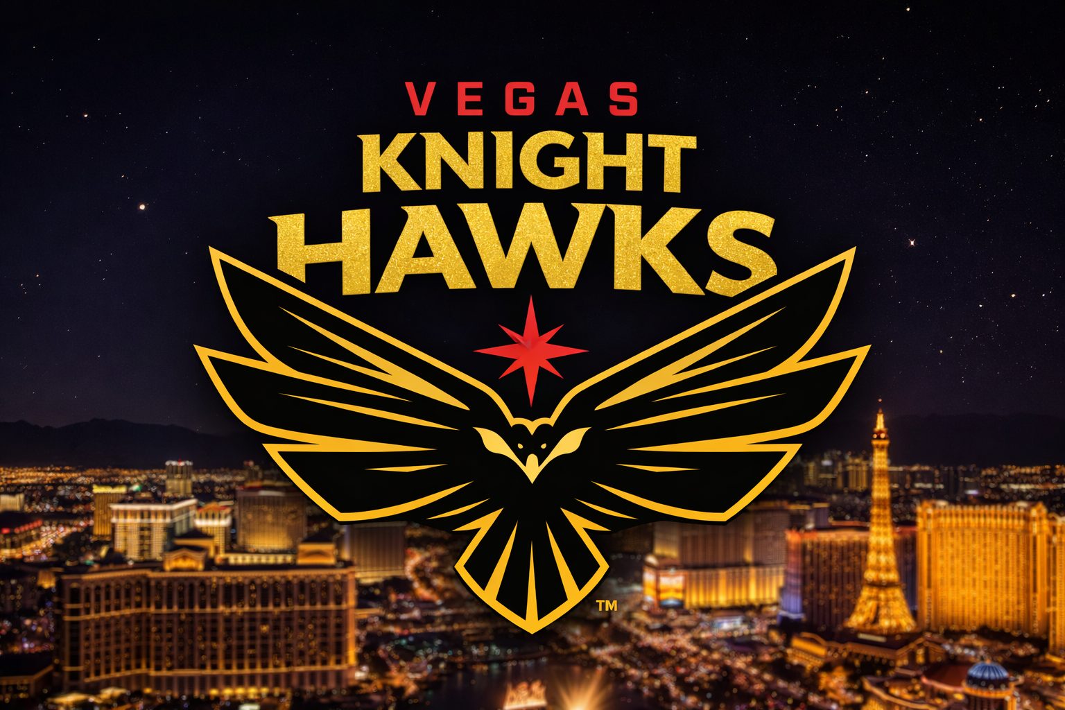 Vegas Knight Hawks logo in gold, black and red over a nighttime Las Vegas Strip skyline.