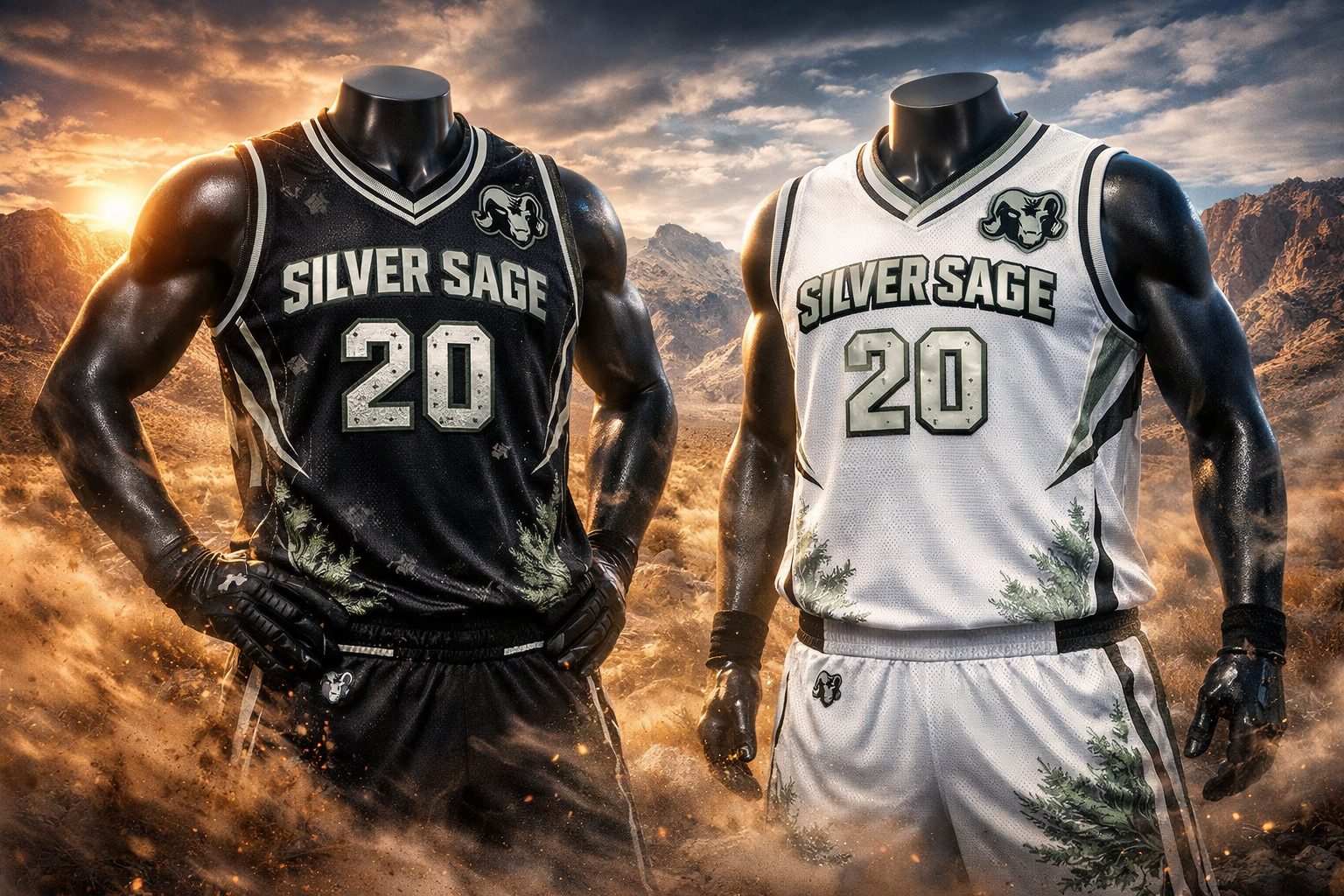 Two Dice City Silver Sage basketball jerseys, black home and white away, shown in front of a Nevada desert landscape.