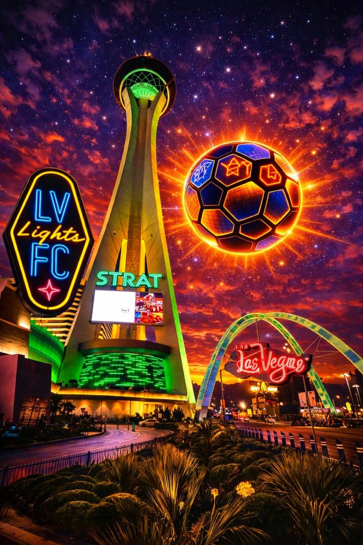Las Vegas Lights FC neon crest beside the Strat tower and the Downtown Las Vegas arch, with a glowing LED soccer ball floating in a star-filled purple-orange sky.