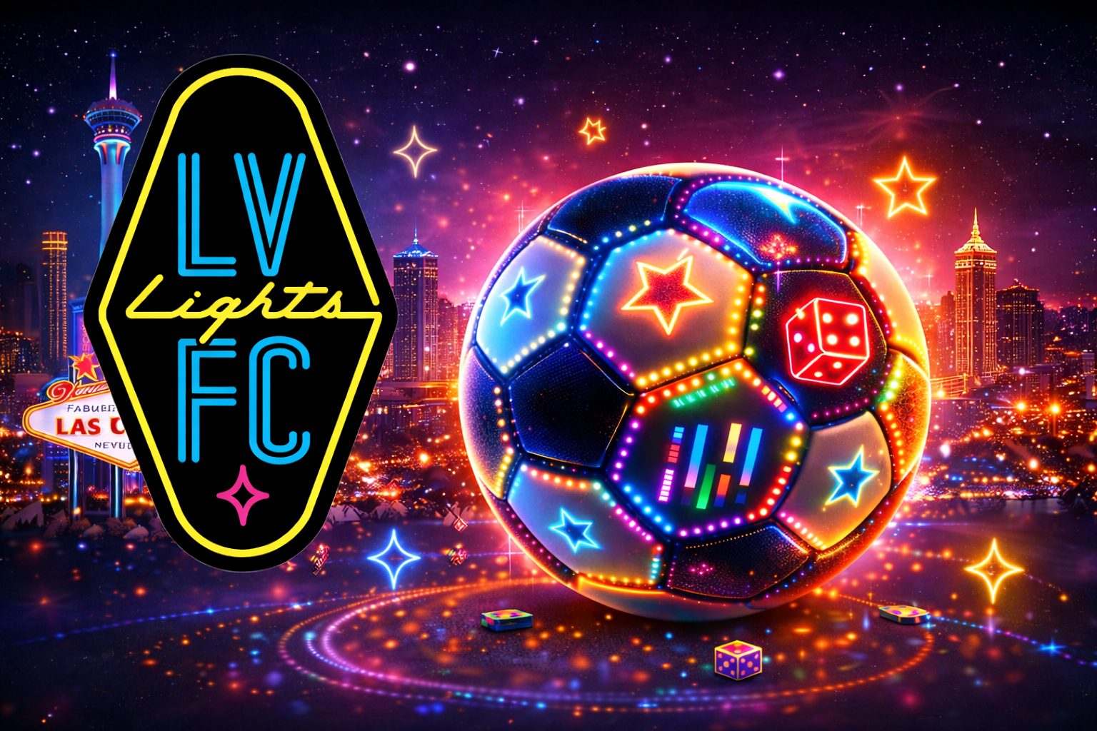 Las Vegas Lights FC neon crest beside a glowing LED soccer ball with stars and dice over the Las Vegas skyline at night.