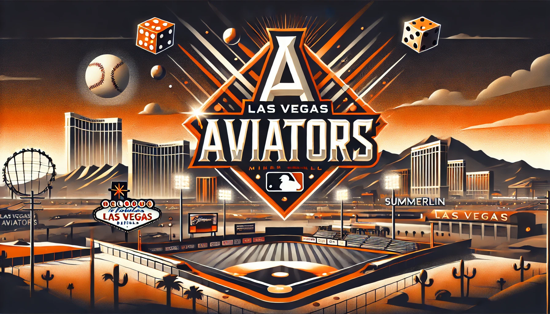 Illustration of Las Vegas Aviators logo over a stylized Las Vegas skyline and ballpark in orange and black.