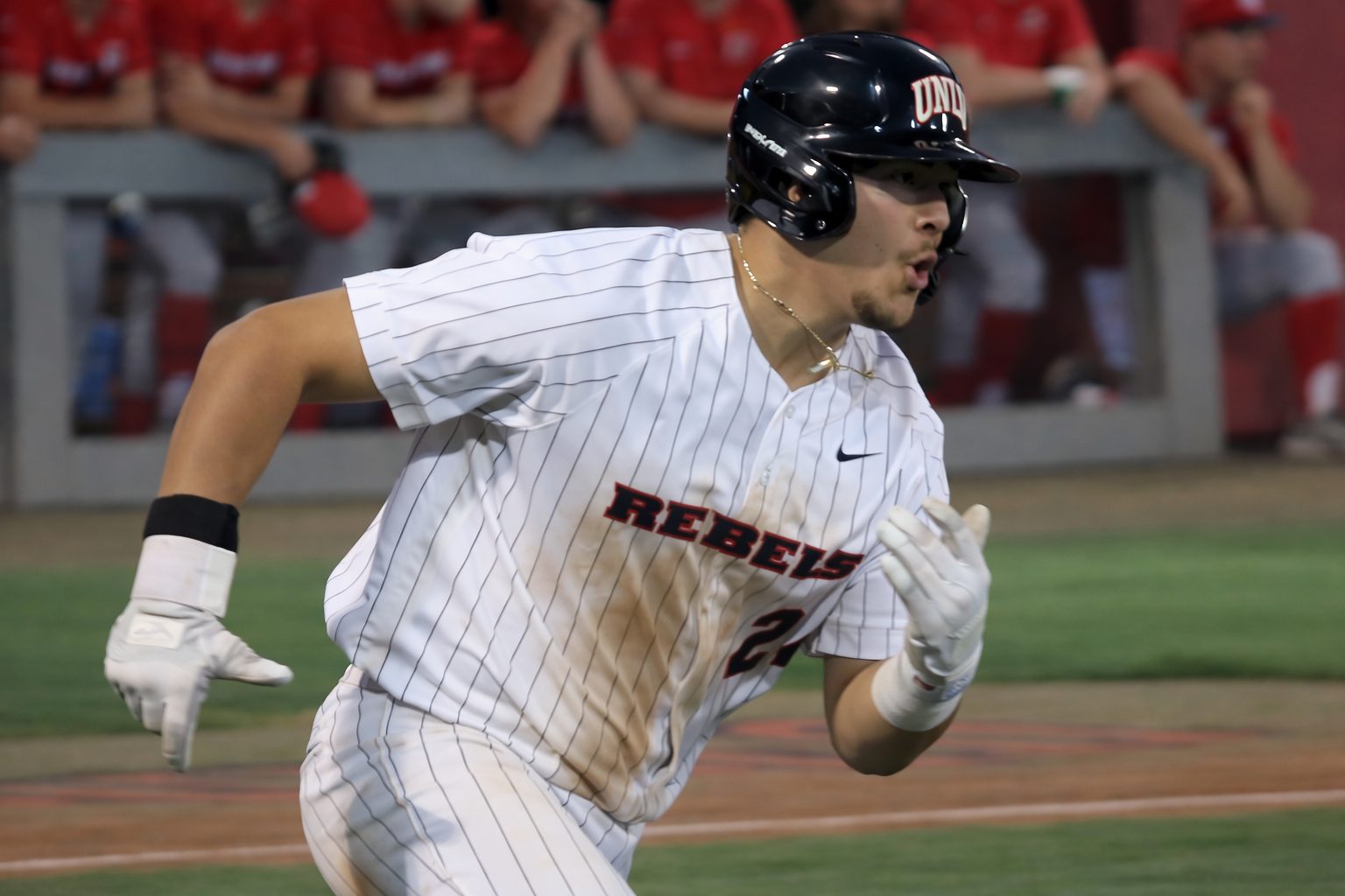 UNLV’s Jonny Rodriguez runs out of the batter’s box during the Rebels’ 11-1 win over Utah Tech on March 21, 2026, at Earl E. Wilson Stadium.