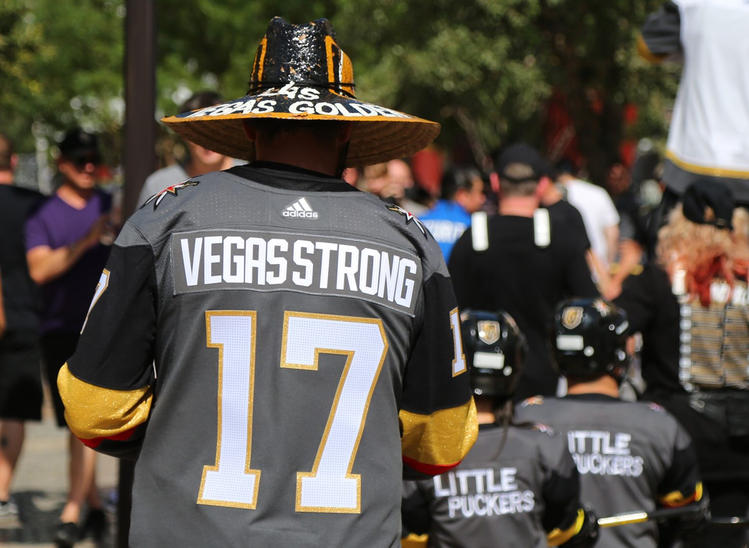 Vegas Golden Knights fan wearing a Vegas Strong jersey outside T-Mobile Arena during the 2018 Stanley Cup Final