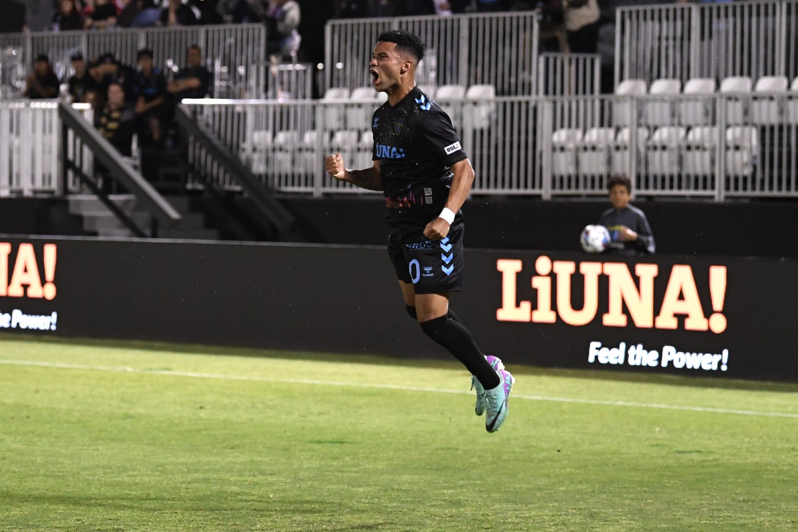 May 8, 2024; Las Vegas, Nevada, USA; Las Vegas Lights FC defender Shawn Smart (20) celebrates his goal against the Los Angeles FC in the US Open Cup-Round of 32 at Cashman Field.