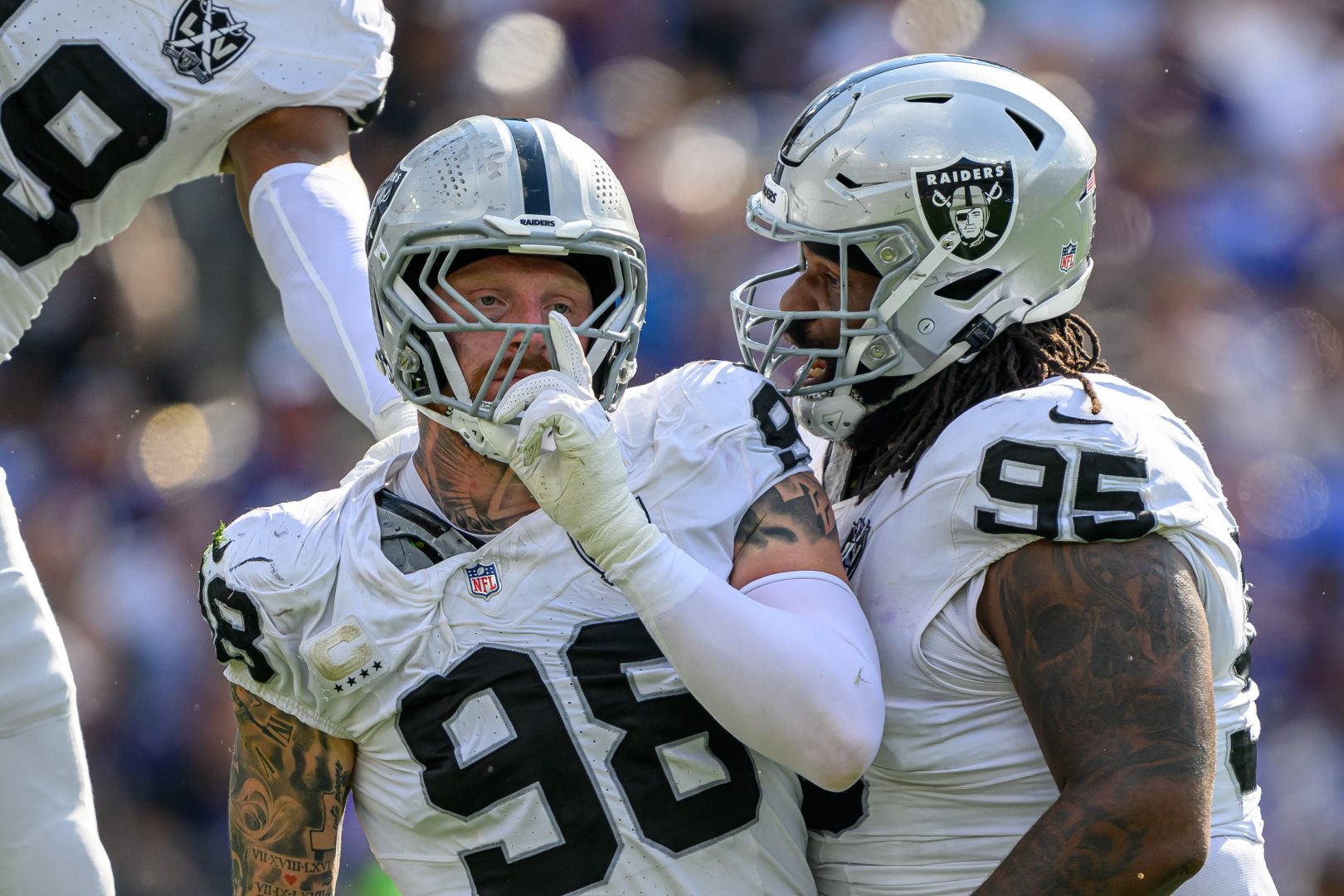 Las Vegas Raiders defensive end Maxx Crosby (98) celebrates after a sack at M&T Bank Stadium in Baltimore.