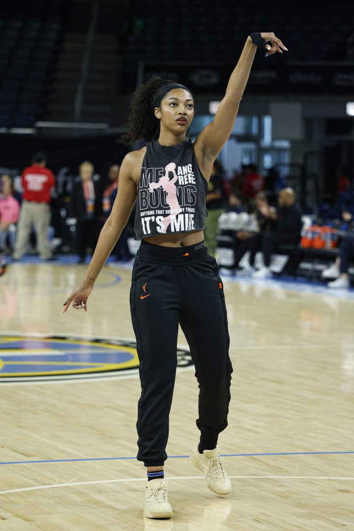 Chicago Sky forward Angel Reese (5) warms up before a WNBA game against the Connecticut Sun at Wintrust Arena.