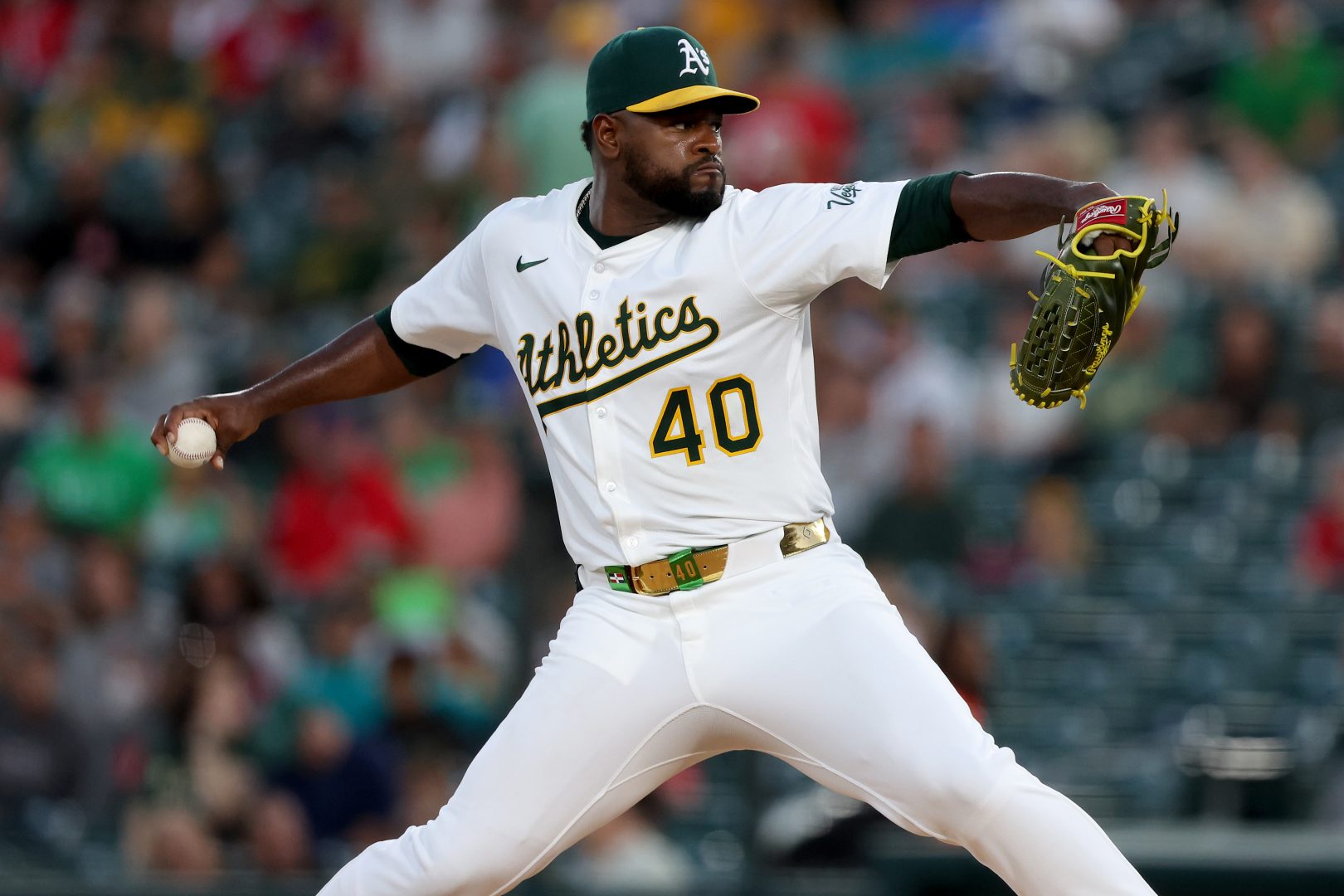 Luis Severino throws a pitch for the Athletics during a 2025 game at Sutter Health Park.