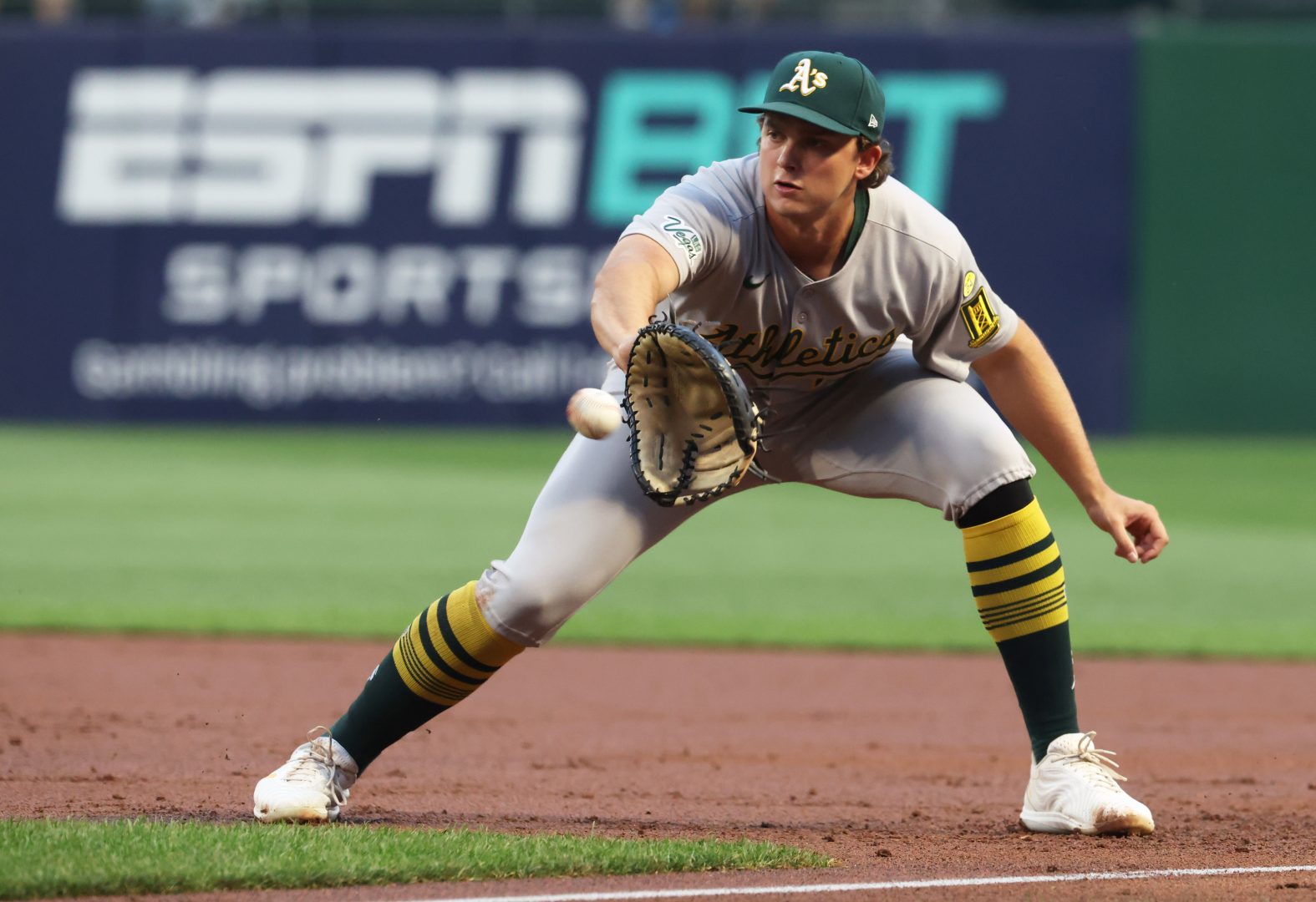 Nick Kurtz fields a ground ball at first base during the 2025 season as the Athletics infielder enters 2026 after a Rookie of the Year campaign