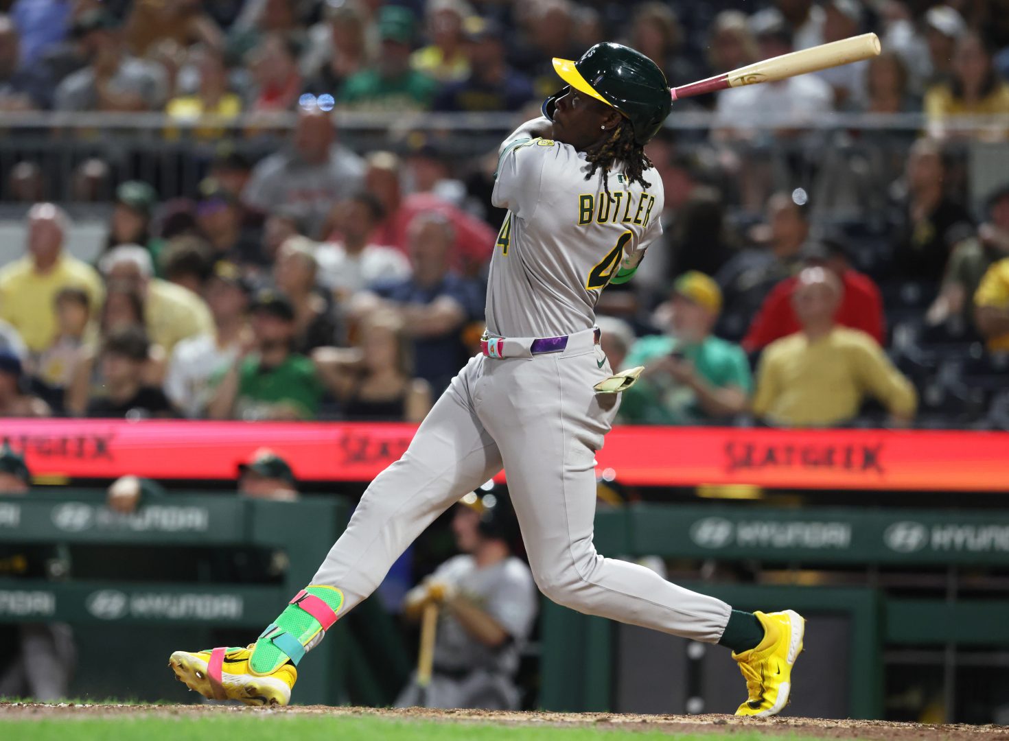 Athletics outfielder Lawrence Butler follows through after hitting a three-run home run against the Pirates in the fifth inning at PNC Park.