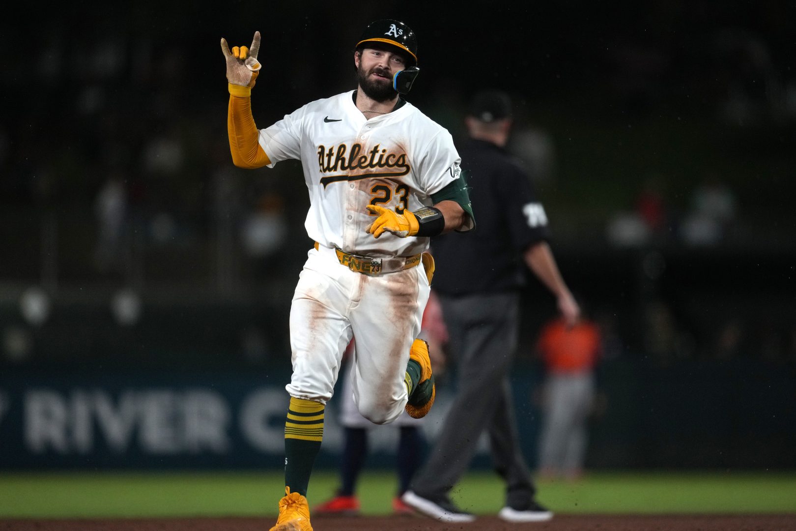 Athletics catcher Shea Langeliers reacts after hitting a home run during the seventh inning against the Houston Astros at Sutter Health Park on Sept. 24, 2025.