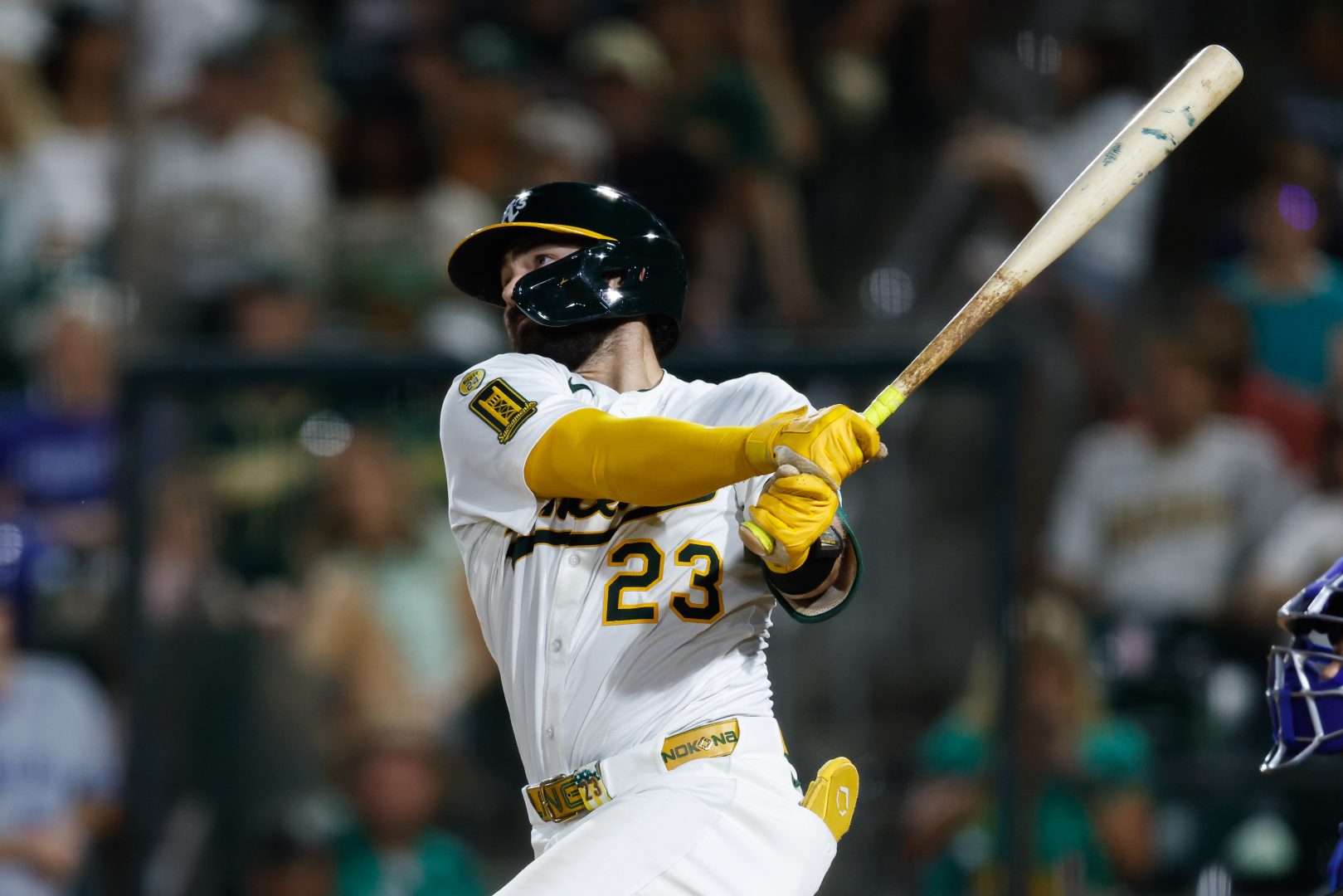 Athletics catcher Shea Langeliers follows through after hitting a walk-off RBI double against the Royals at Sutter Health Park.